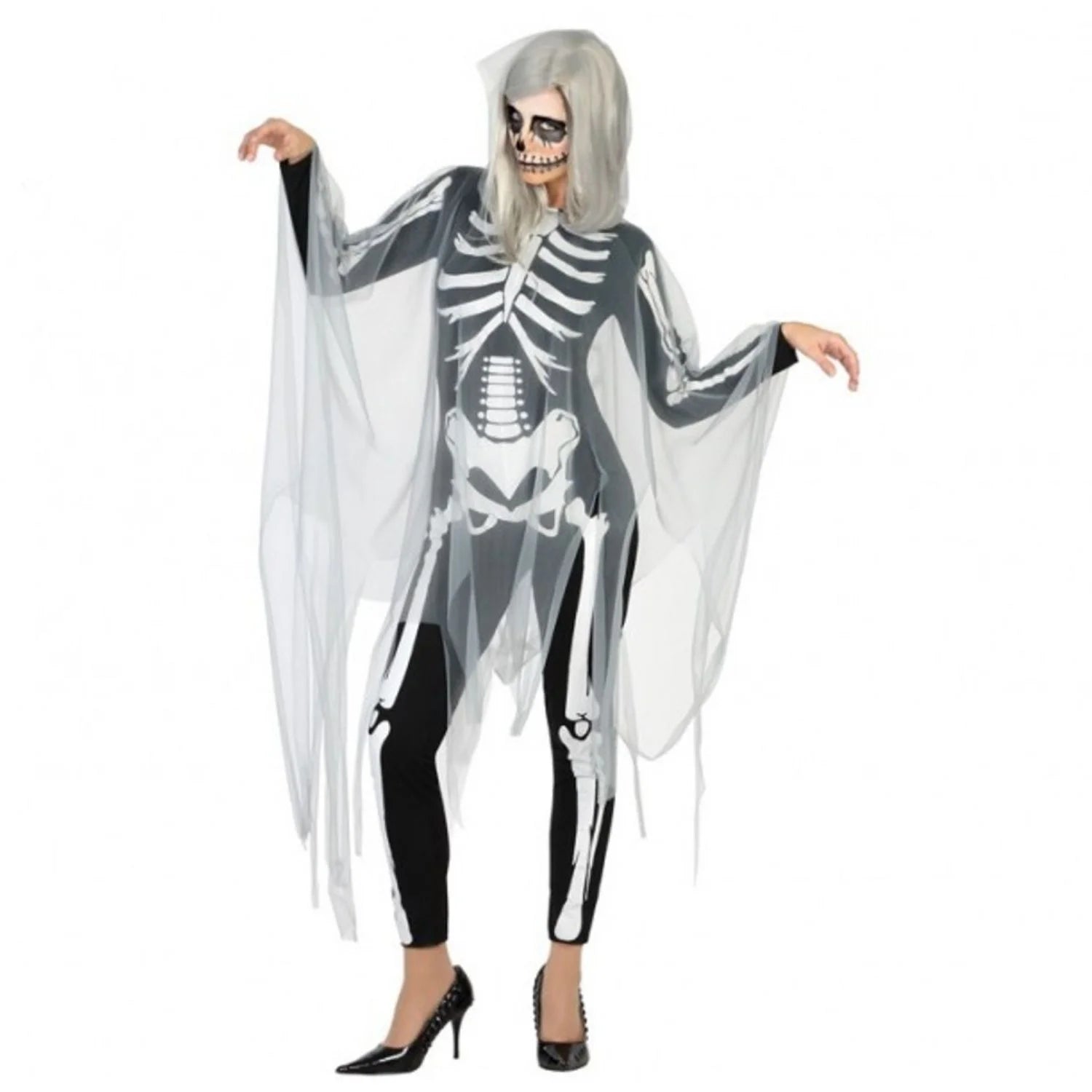 Disfraz esqueleto mujer con mono y velo transparente