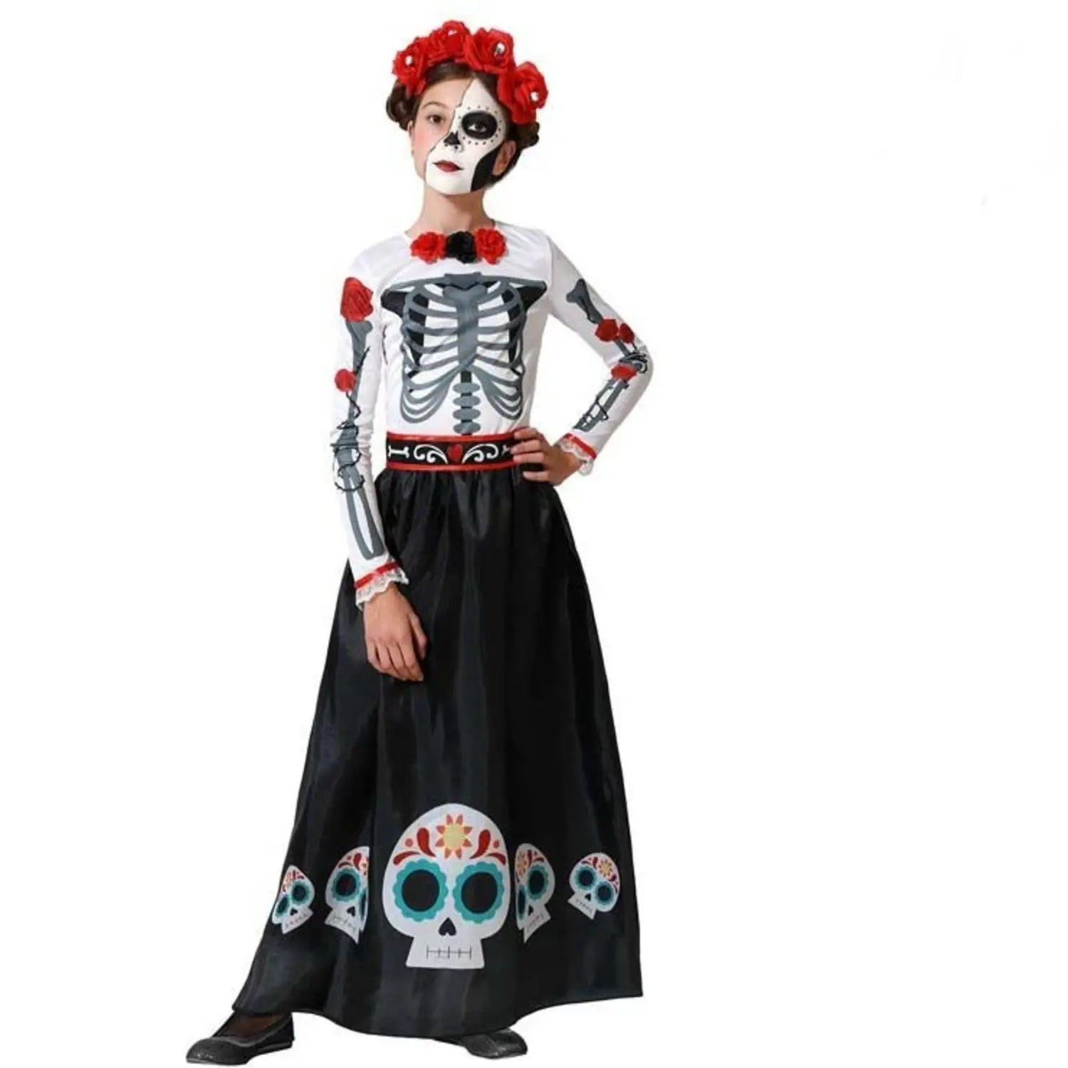 Disfraz esqueleto niña con vestido y cinturón para Halloween