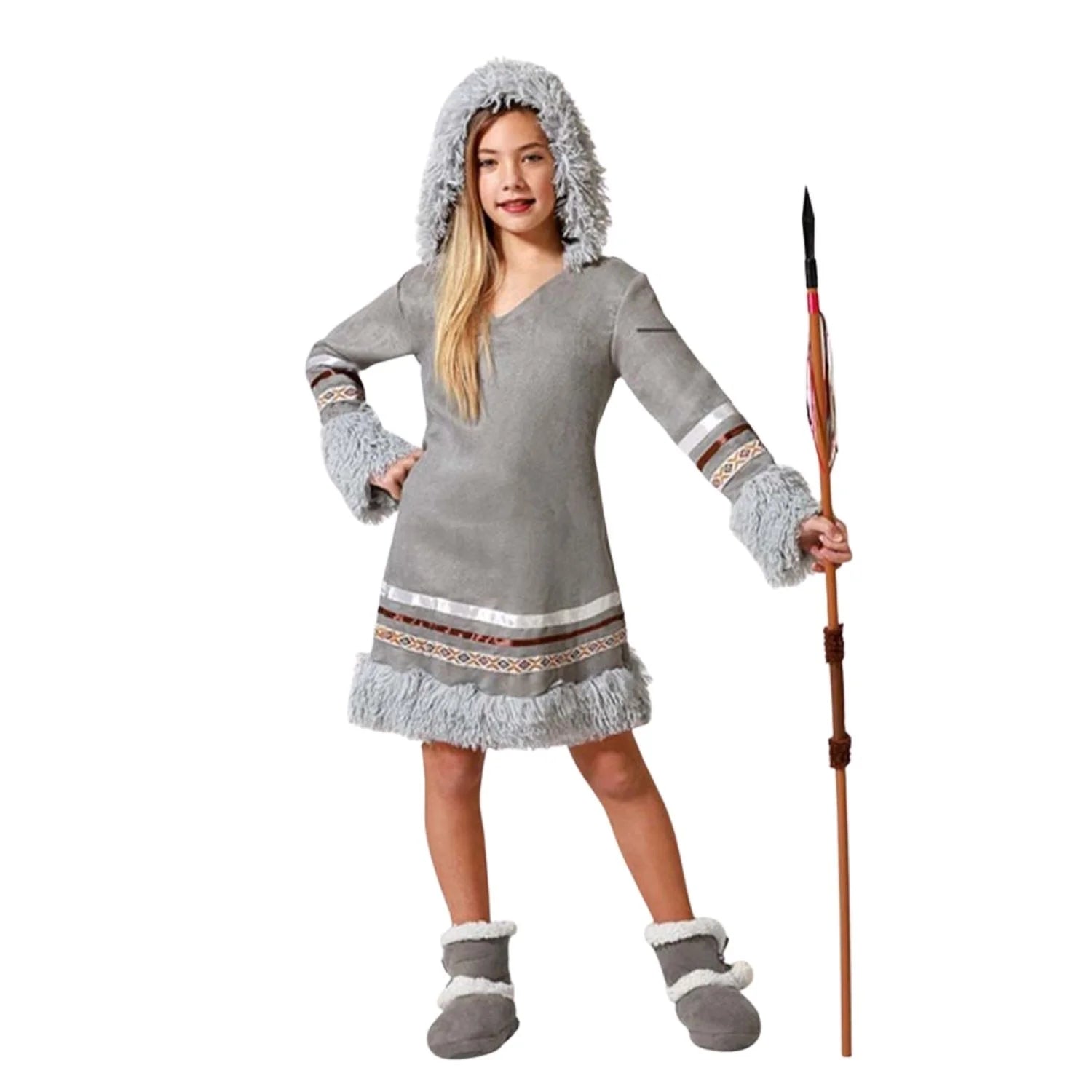 Disfraz esquimal gris niña con vestido corto y capucha