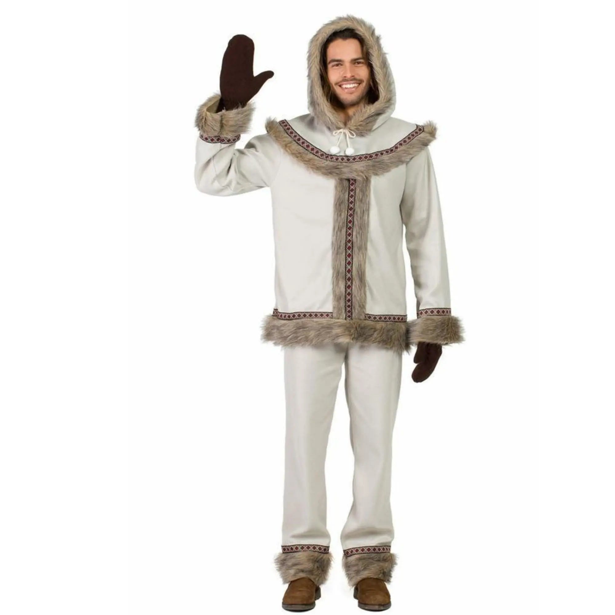 Disfraz de esquimal para hombre con chaqueta, pantalón, capucha y manoplas