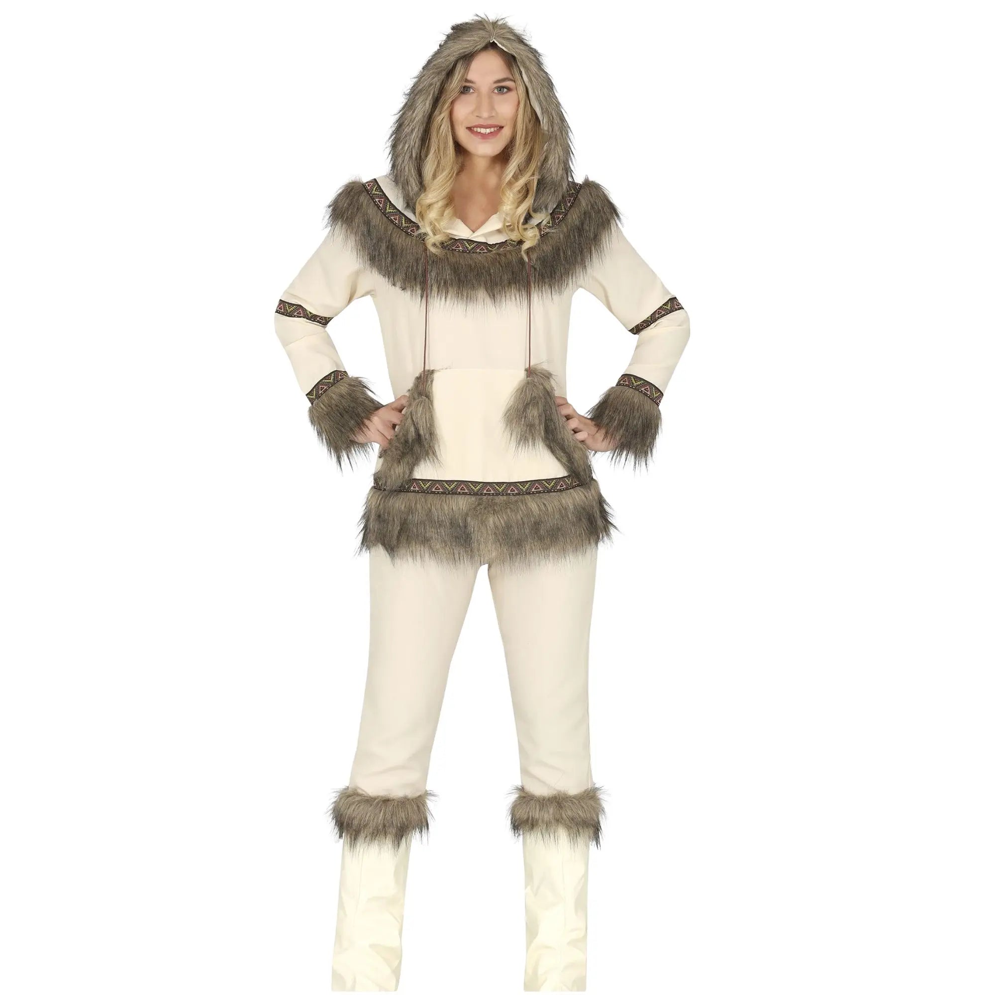 Disfraz de esquimal para mujer con capucha, pantalón, camisa y cubrebotas ideal para Carnaval y fiestas temáticas