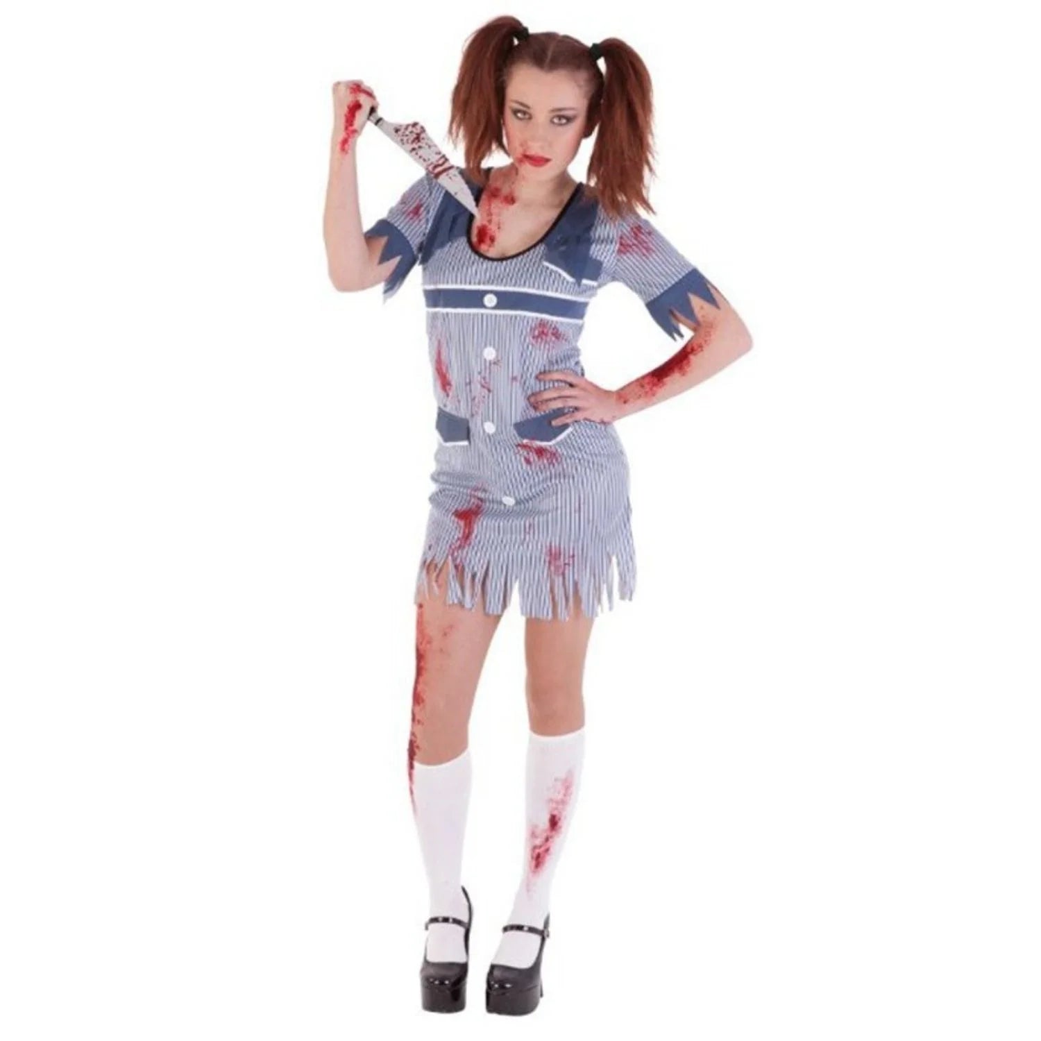 Disfraz Estudiante EGB Killer adulta con vestido ensangrentado para Halloween