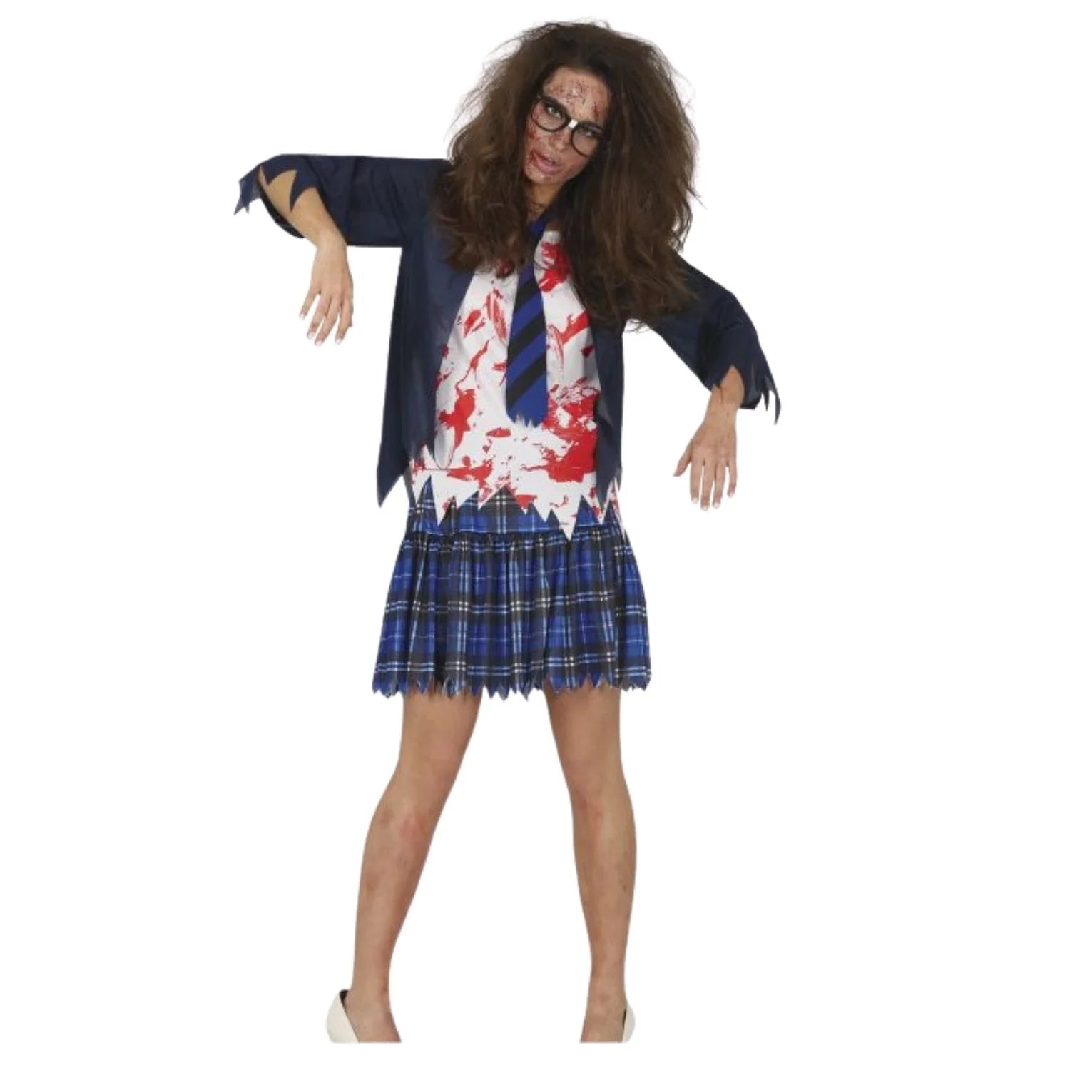 Disfraz estudiante zombie mujer con camisa chaqueta corbata y falda para Halloween