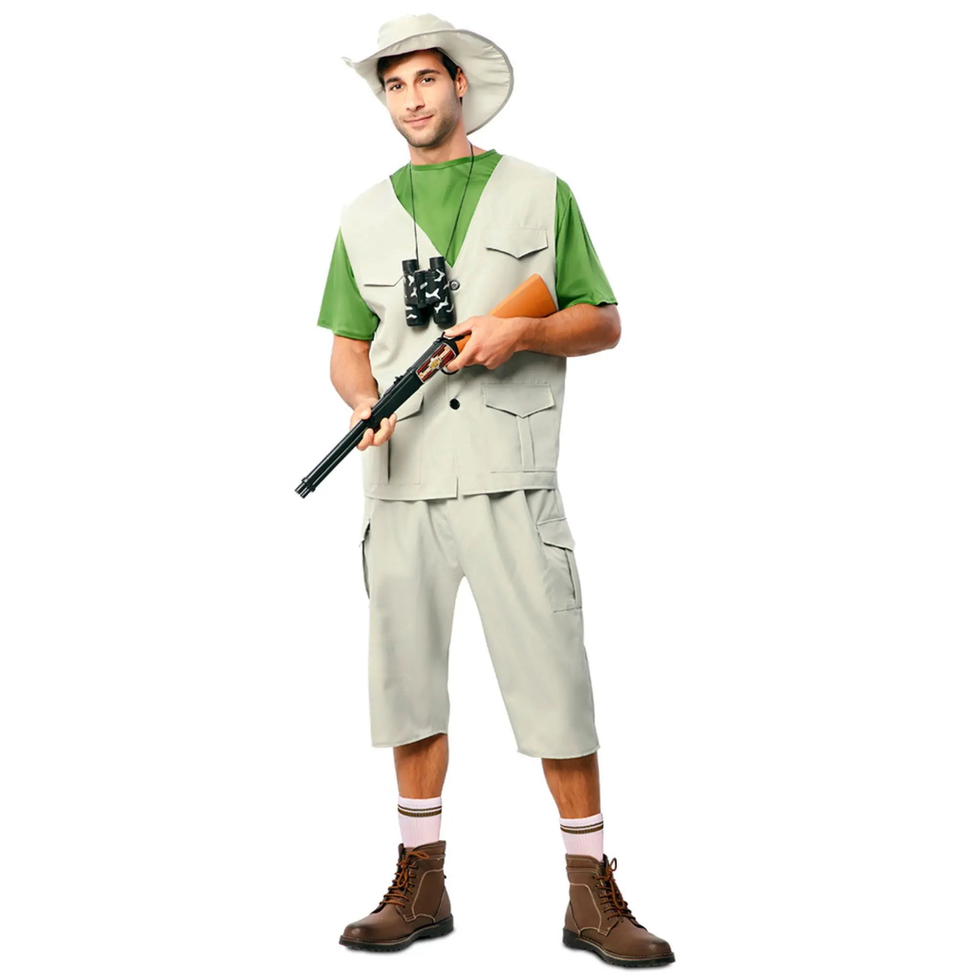 Disfraz explorador para hombre con chaleco, pantalón y sombrero en tonos caqui estilo safari