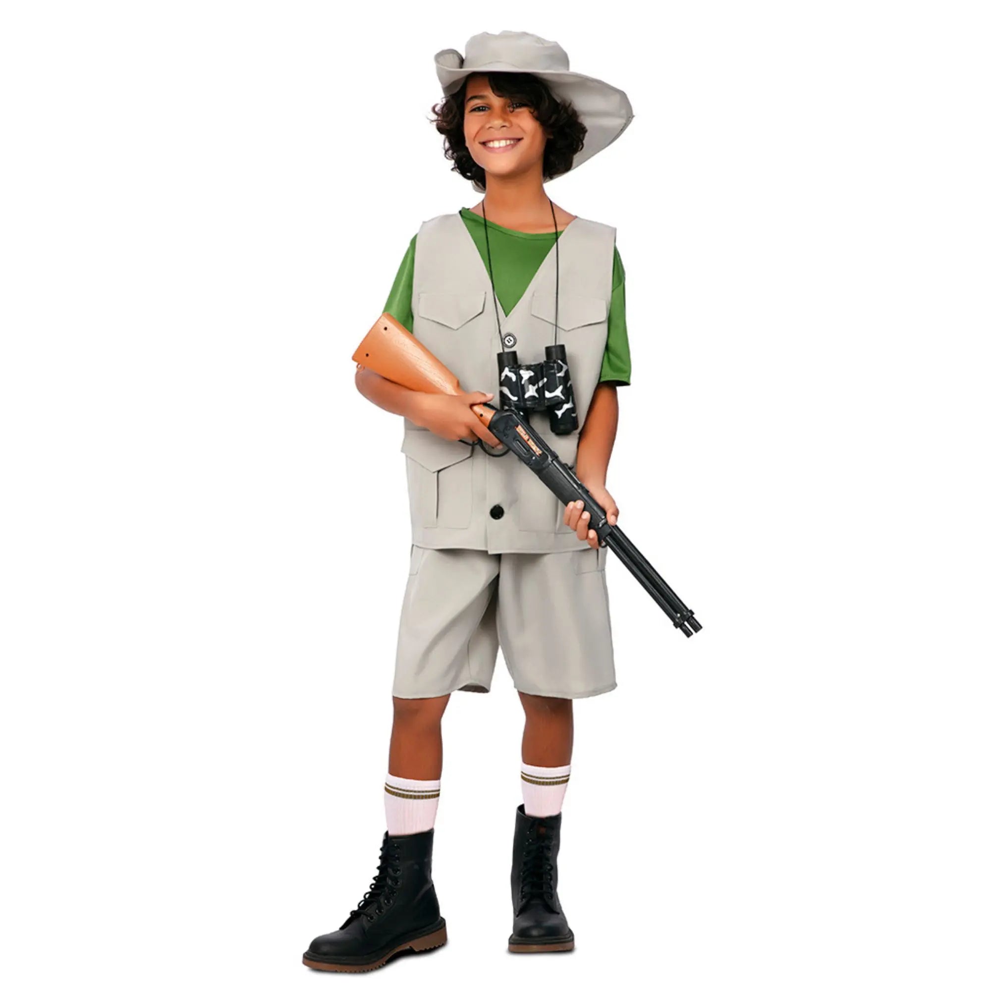 Disfraz explorador infantil unisex con chaleco, pantalón y sombrero en tonos caqui estilo safari