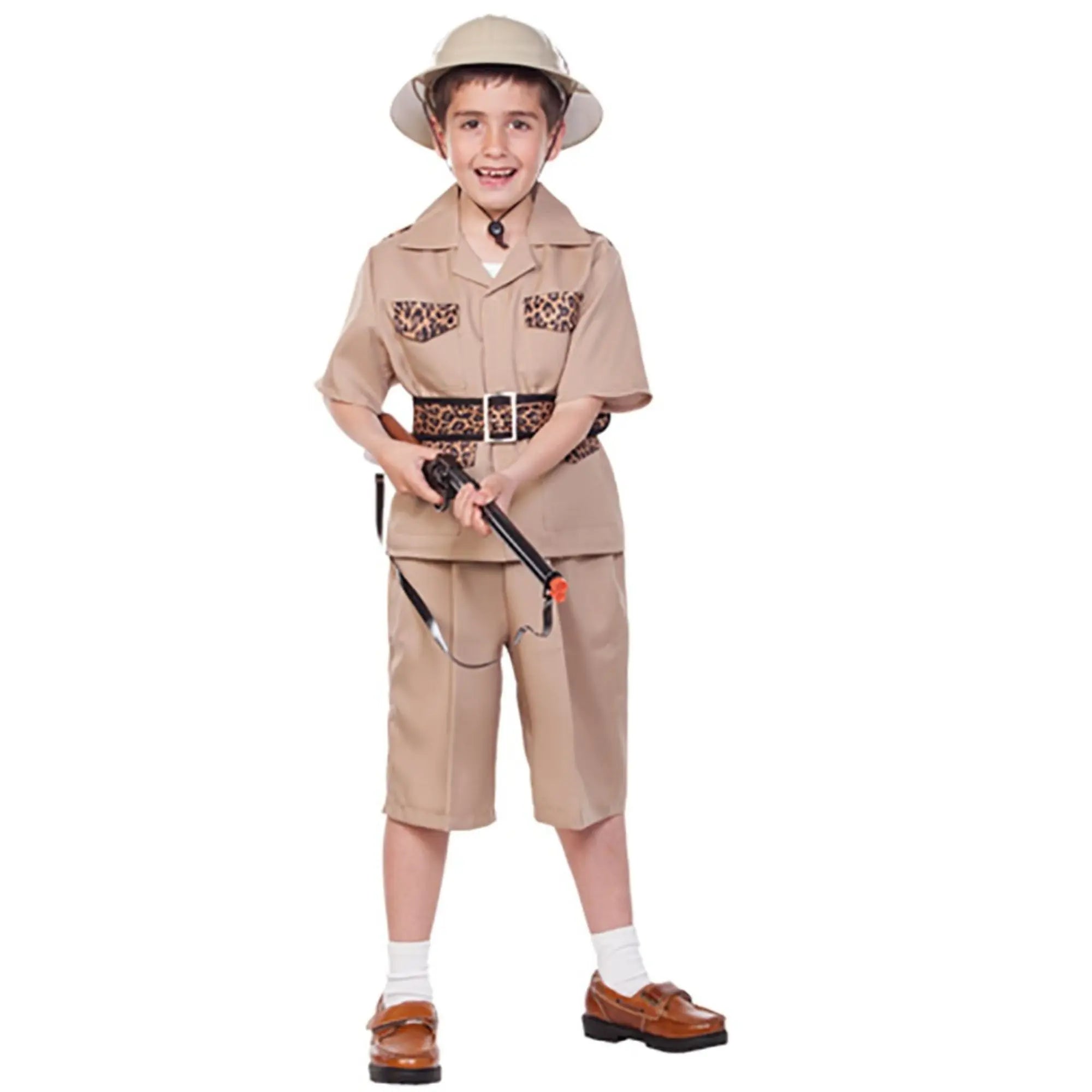 Disfraz de explorador infantil niño con pantalón corto marrón y camisa estilo safari