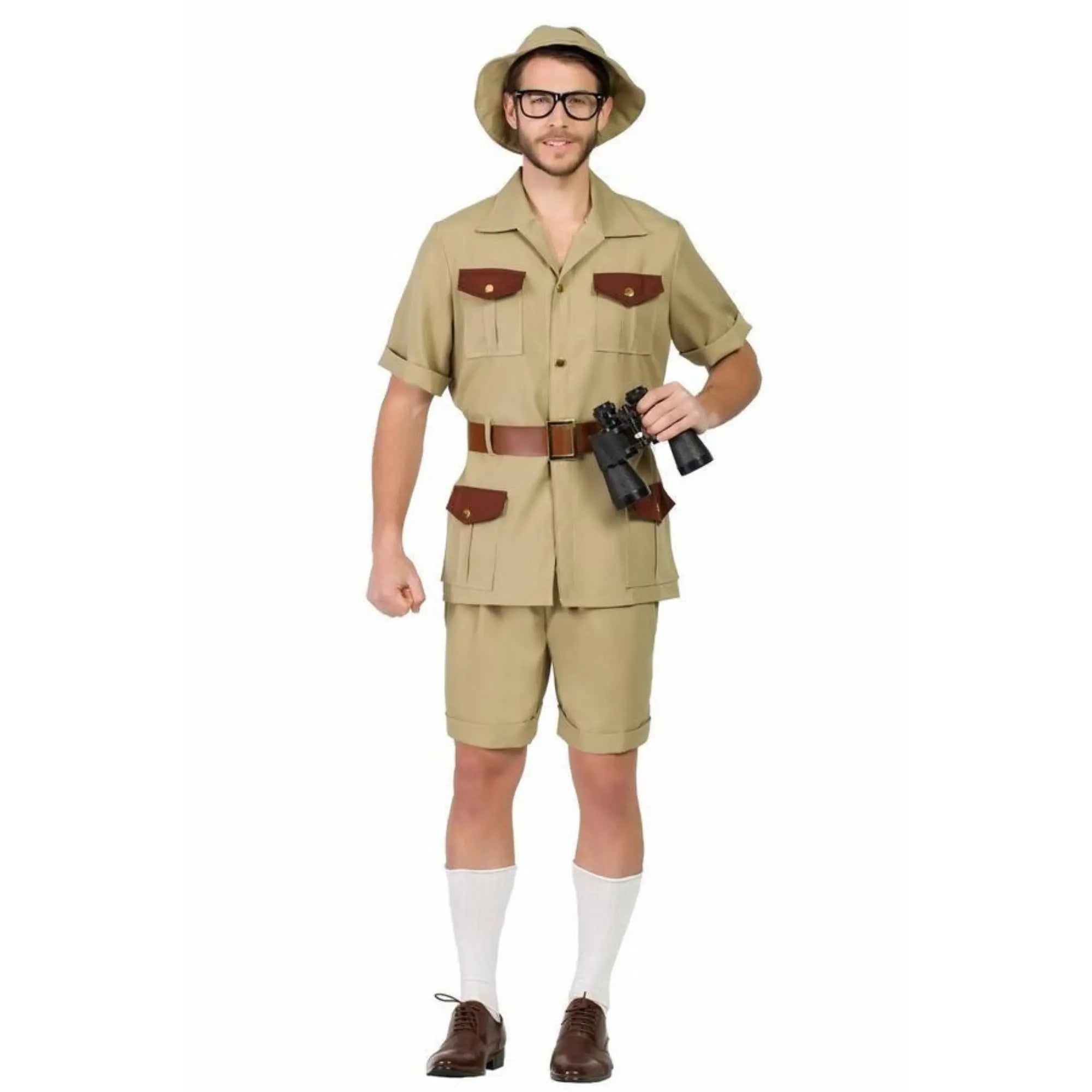Disfraz de explorador para adulto con gorro, camisa, pantalones y cinturón estilo aventurero para Carnaval y fiestas