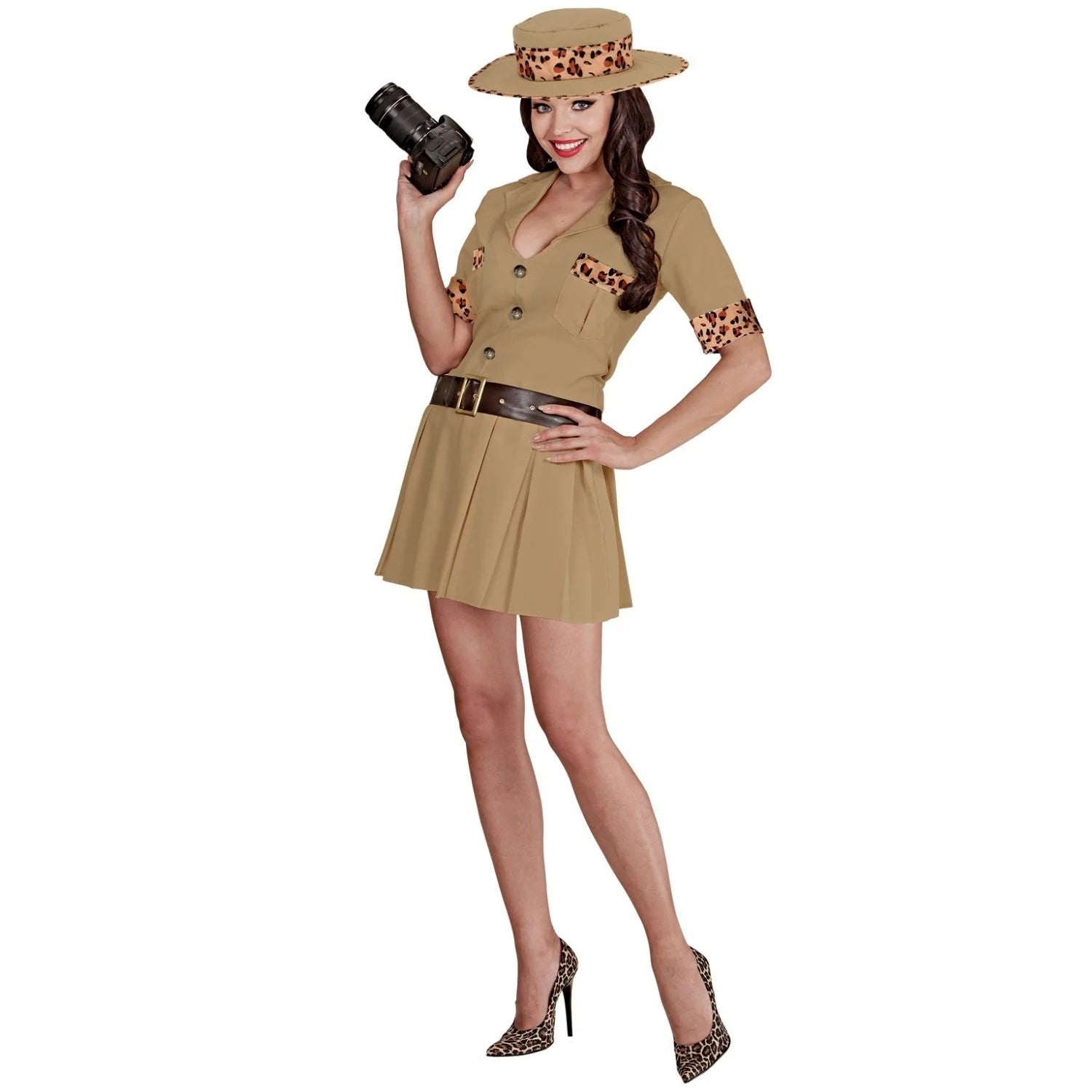 Disfraz exploradora mujer con vestido safari cinturón y sombrero