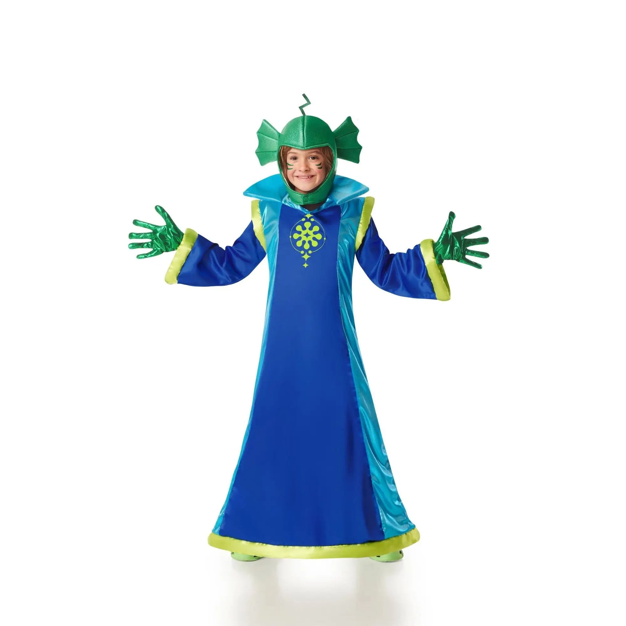 Disfraz extraterrestre azul infantil con capucha, túnica y guantes para Carnaval y fiestas