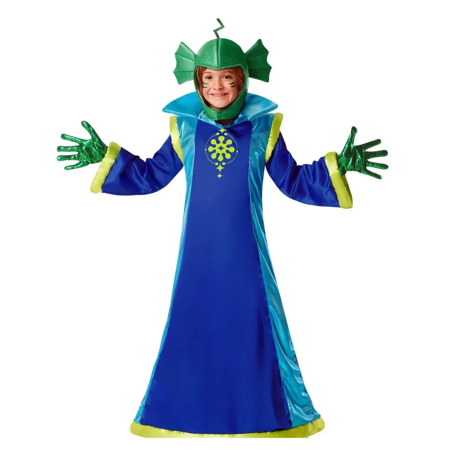Disfraz extraterrestre azul infantil con capucha, túnica y guantes para Carnaval y fiestas