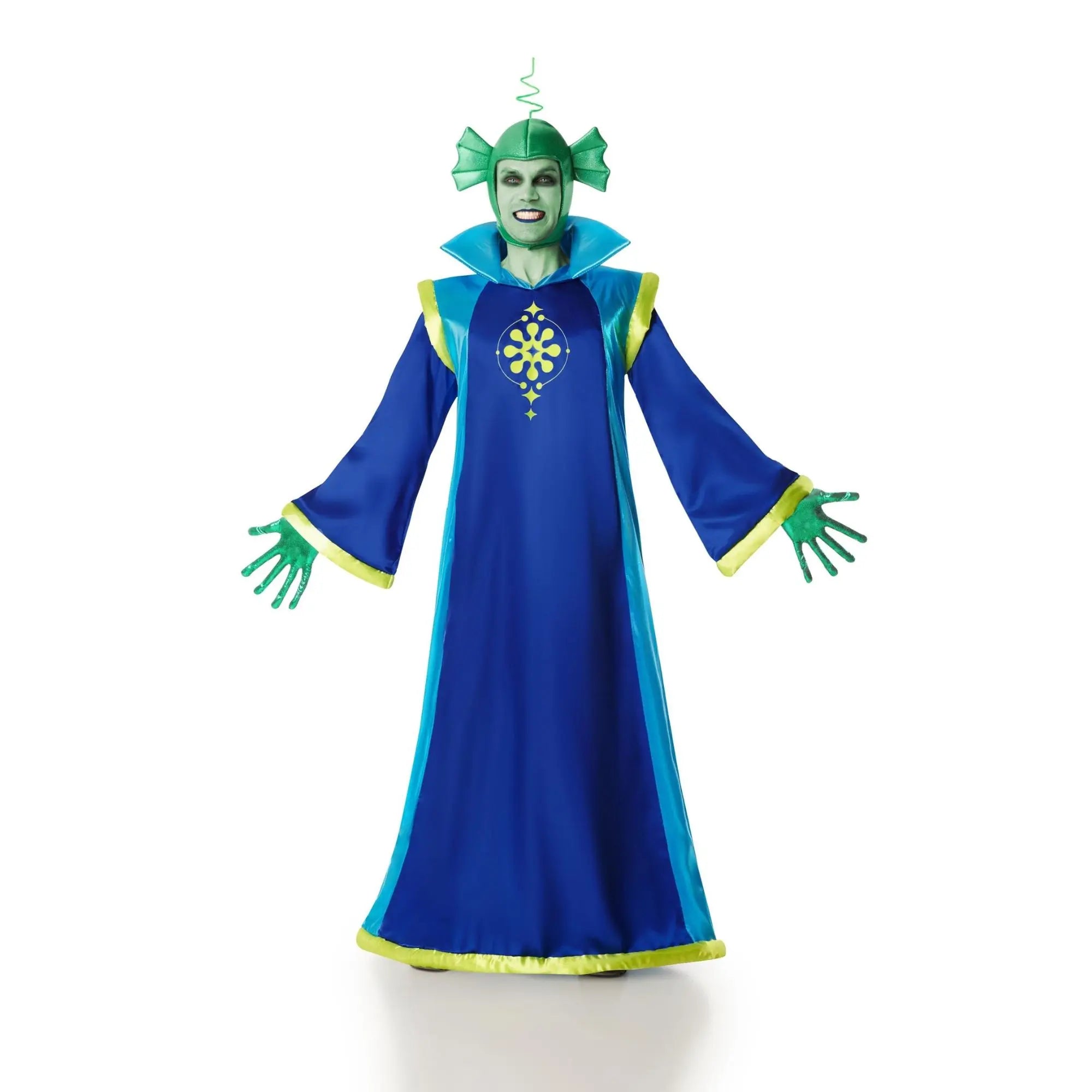 Disfraz extraterrestre azul para adulto con túnica, capucha y guantes estilo alienígena original para Carnaval