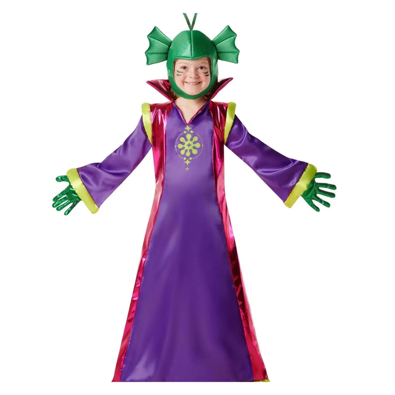 Disfraz extraterrestre morado infantil con capucha túnica y guantes para Carnaval