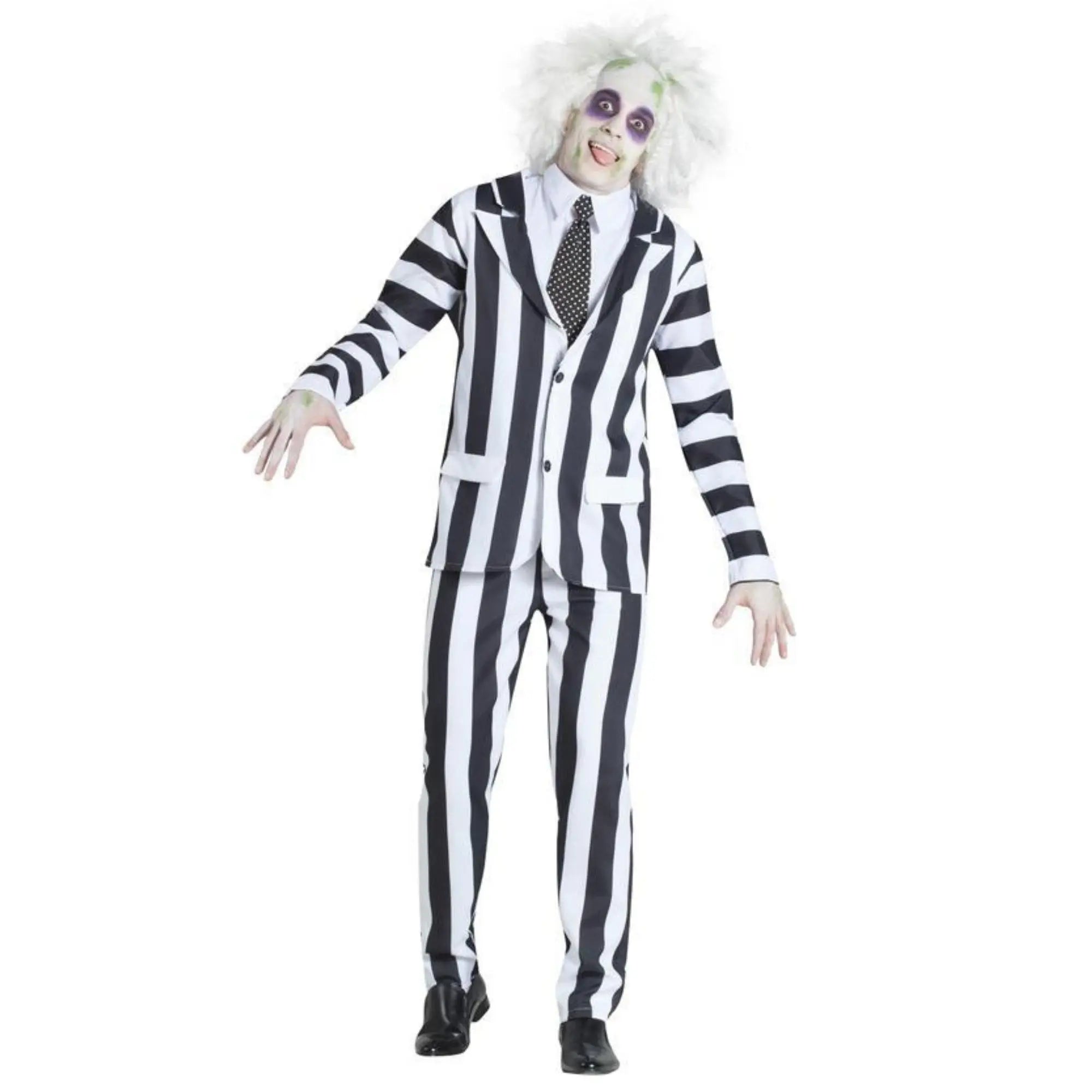 Disfraz de fantasma a rayas blanco y negro para hombre con chaqueta pantalón corbata y cinturón estilo terror Halloween
