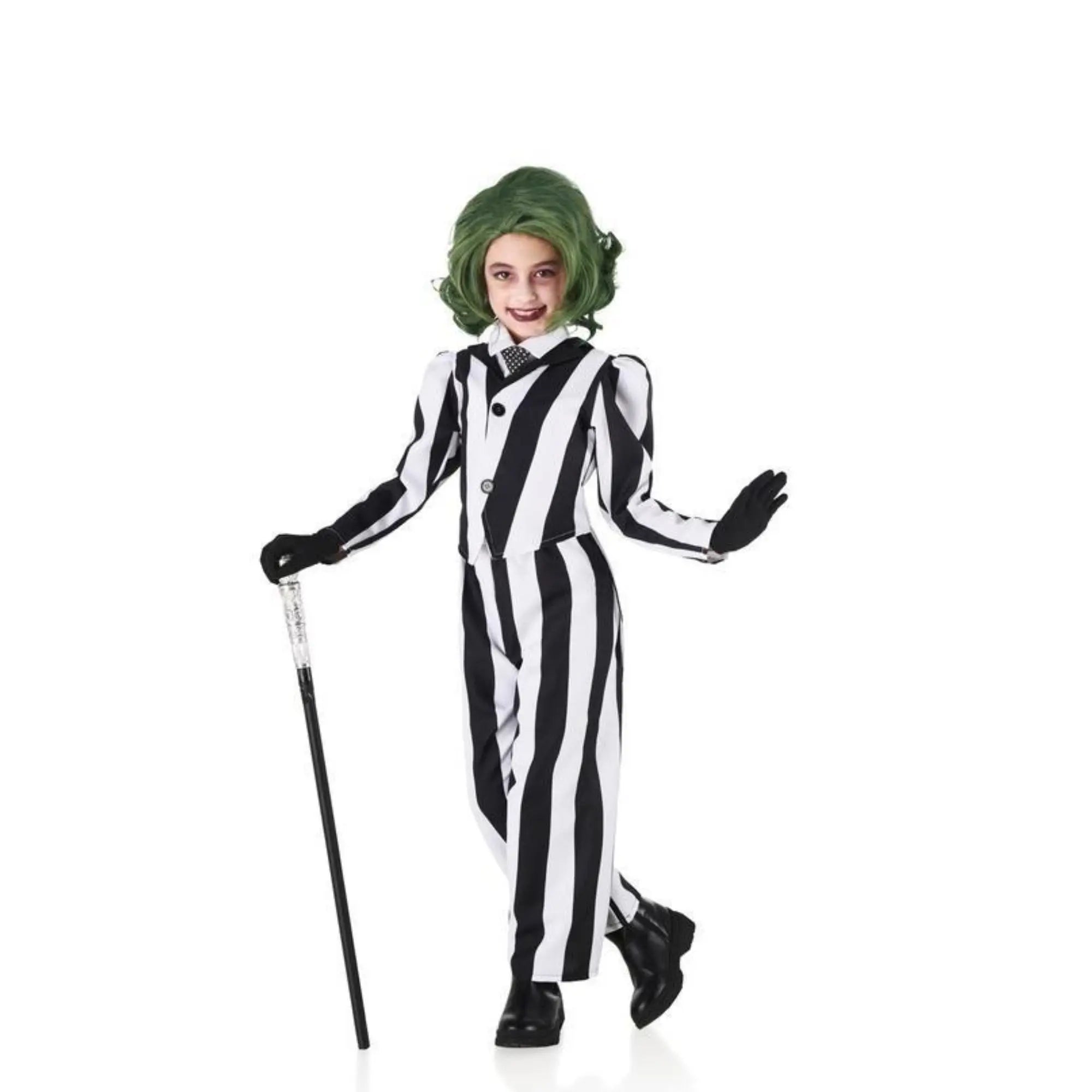 Disfraz de fantasma a rayas blanco y negro para niña con chaqueta, pantalón y corbata ideal para Halloween