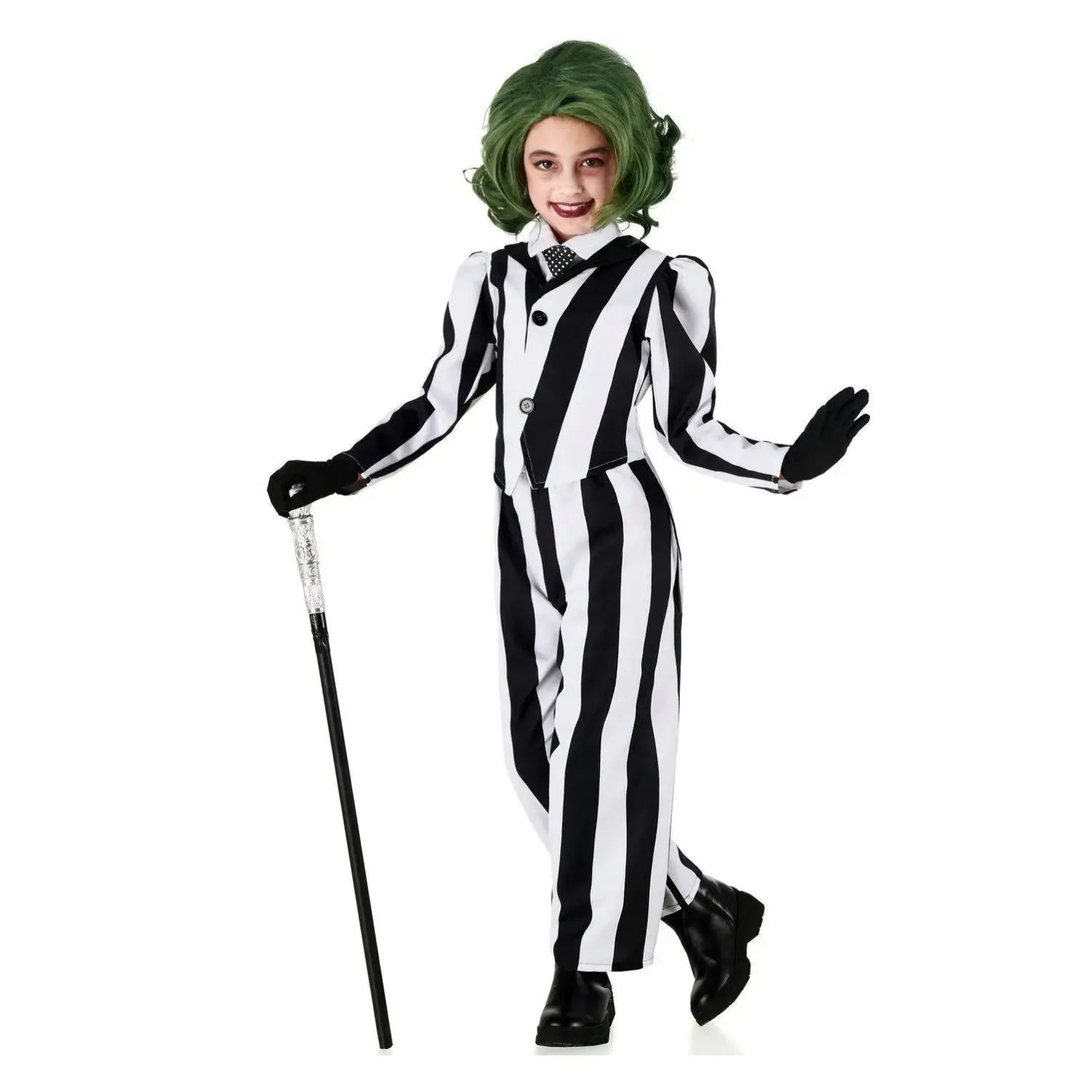 Disfraz de fantasma a rayas blanco y negro para niña con chaqueta, pantalón y corbata ideal para Halloween