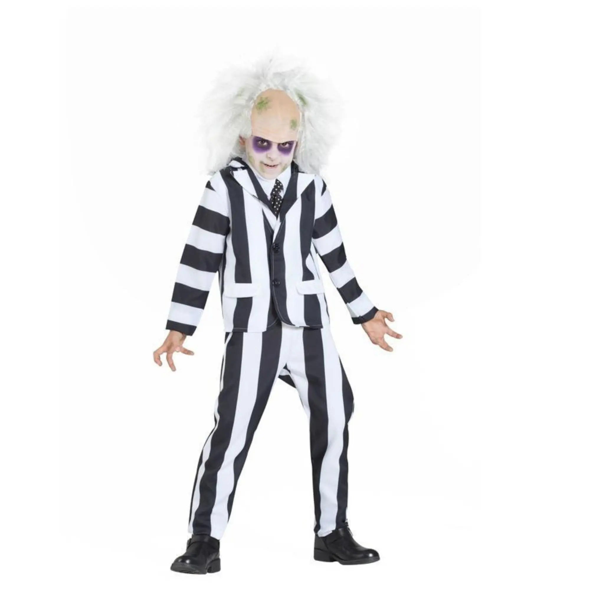 Disfraz de fantasma a rayas blanco y negro para niño con chaqueta, pantalón y corbata ideal para Halloween