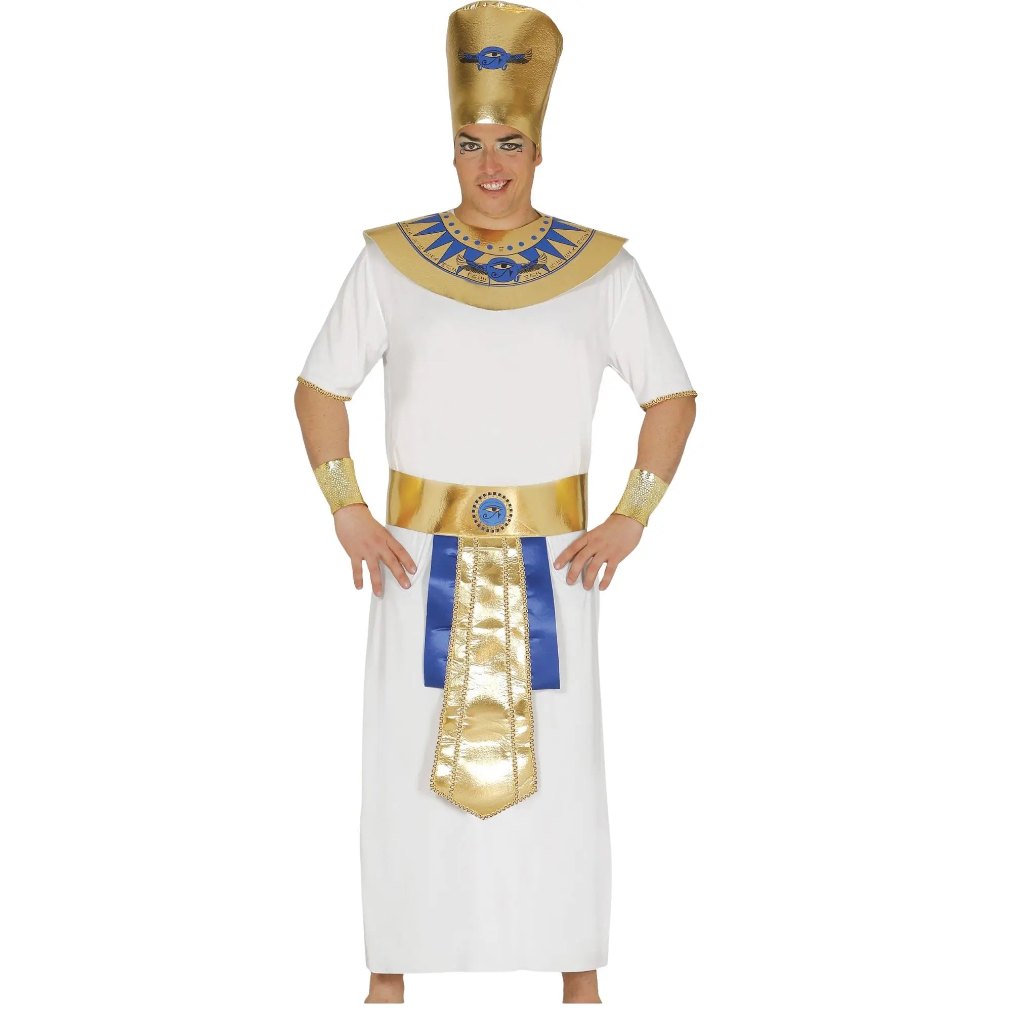 Disfraz de faraón adulto con túnica, cinturón, cuello y gorro inspirado en el Antiguo Egipto para Carnaval
