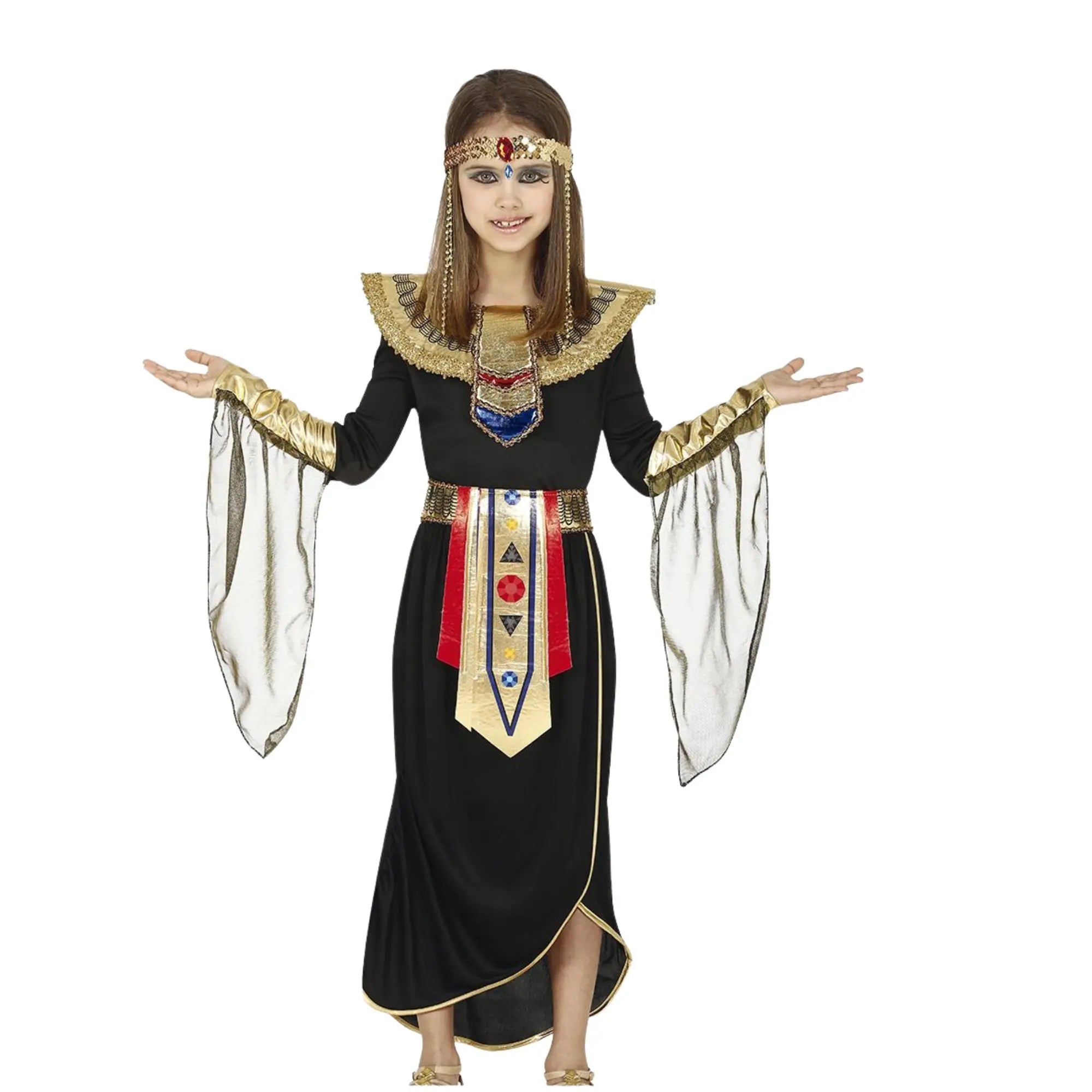 Disfraz de egipcia para niña con vestido, cinturón, cuello decorativo y chal estilo antiguo Egipto