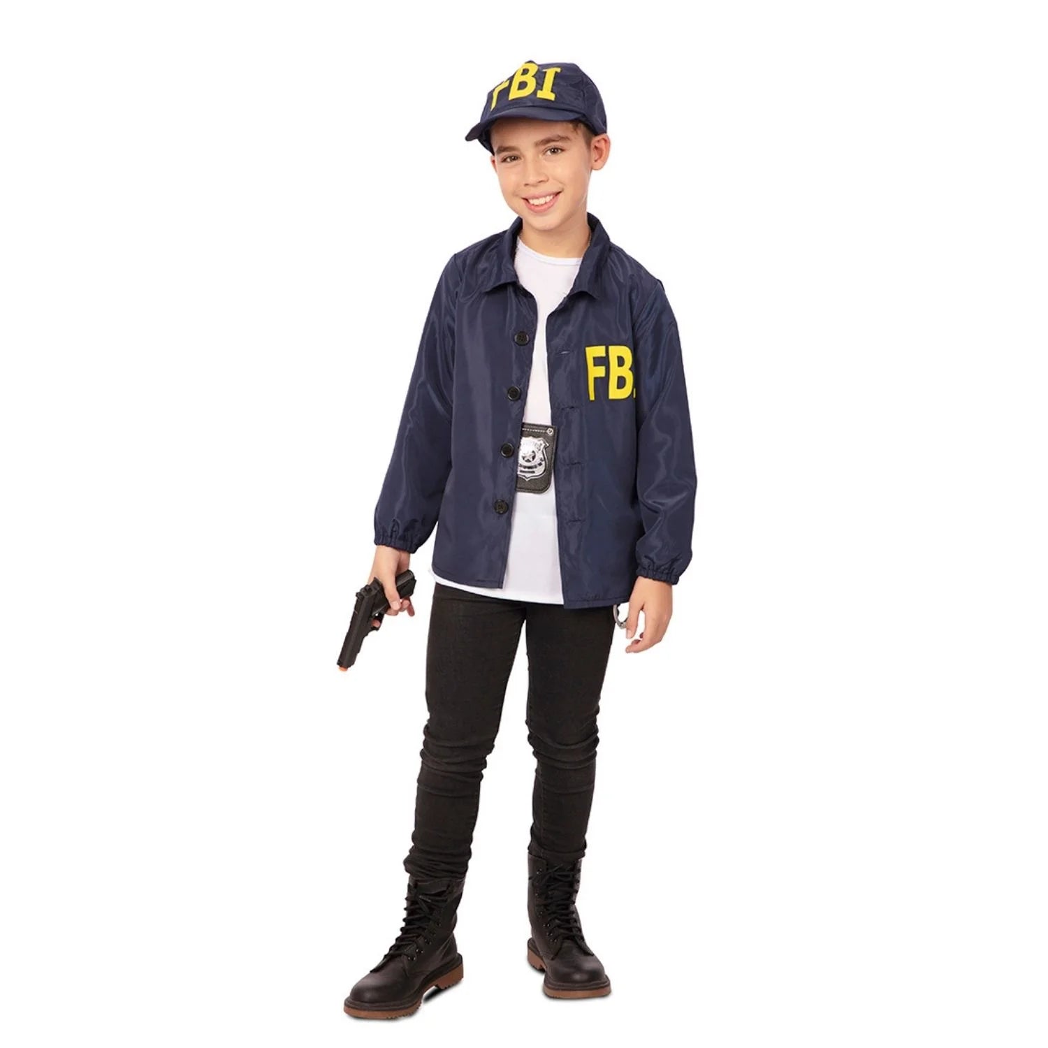 Niño con disfraz FBI infantil azul marino con gorra de agente secreto