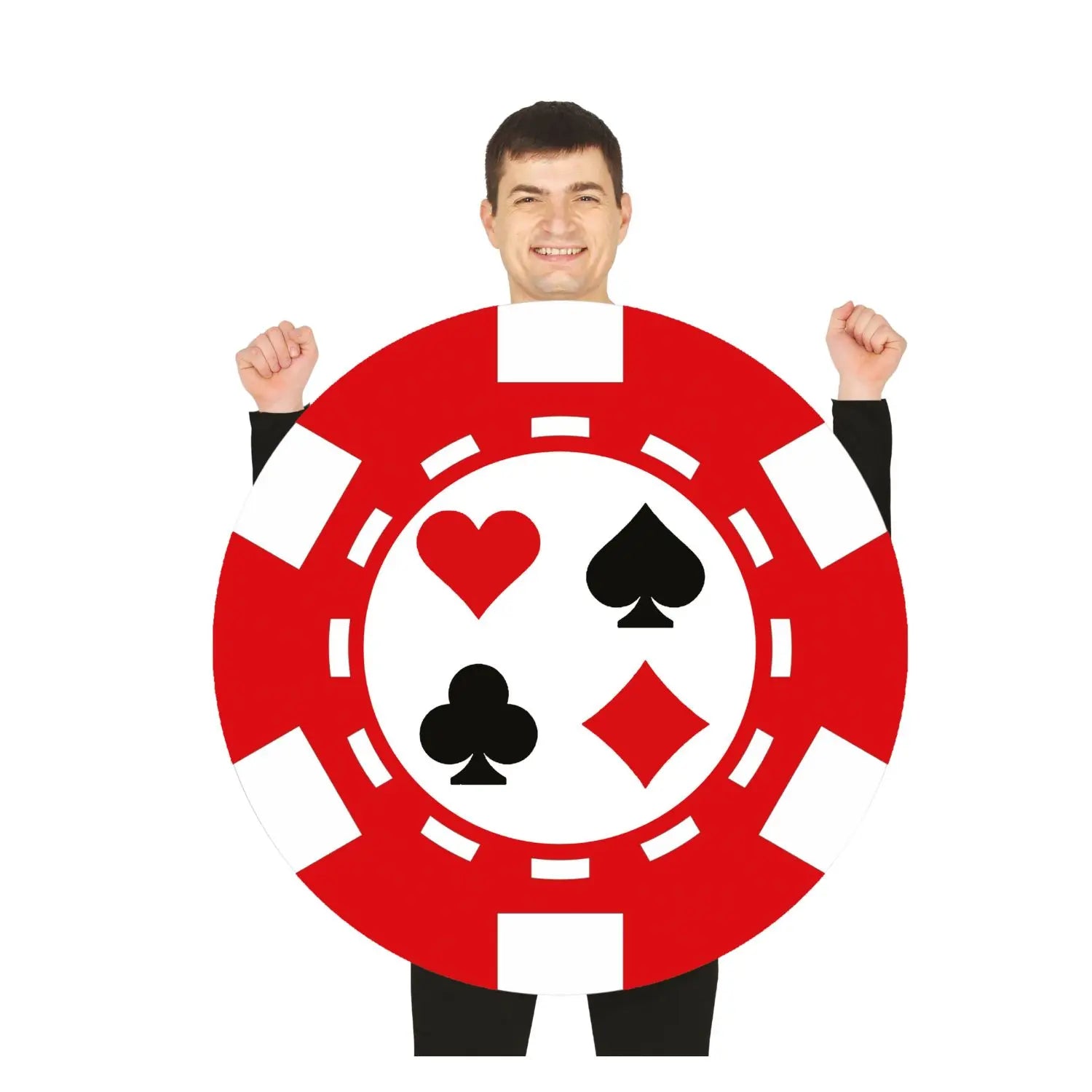 Disfraz de ficha de póker para adulto inspirado en una ficha de casino roja y blanca