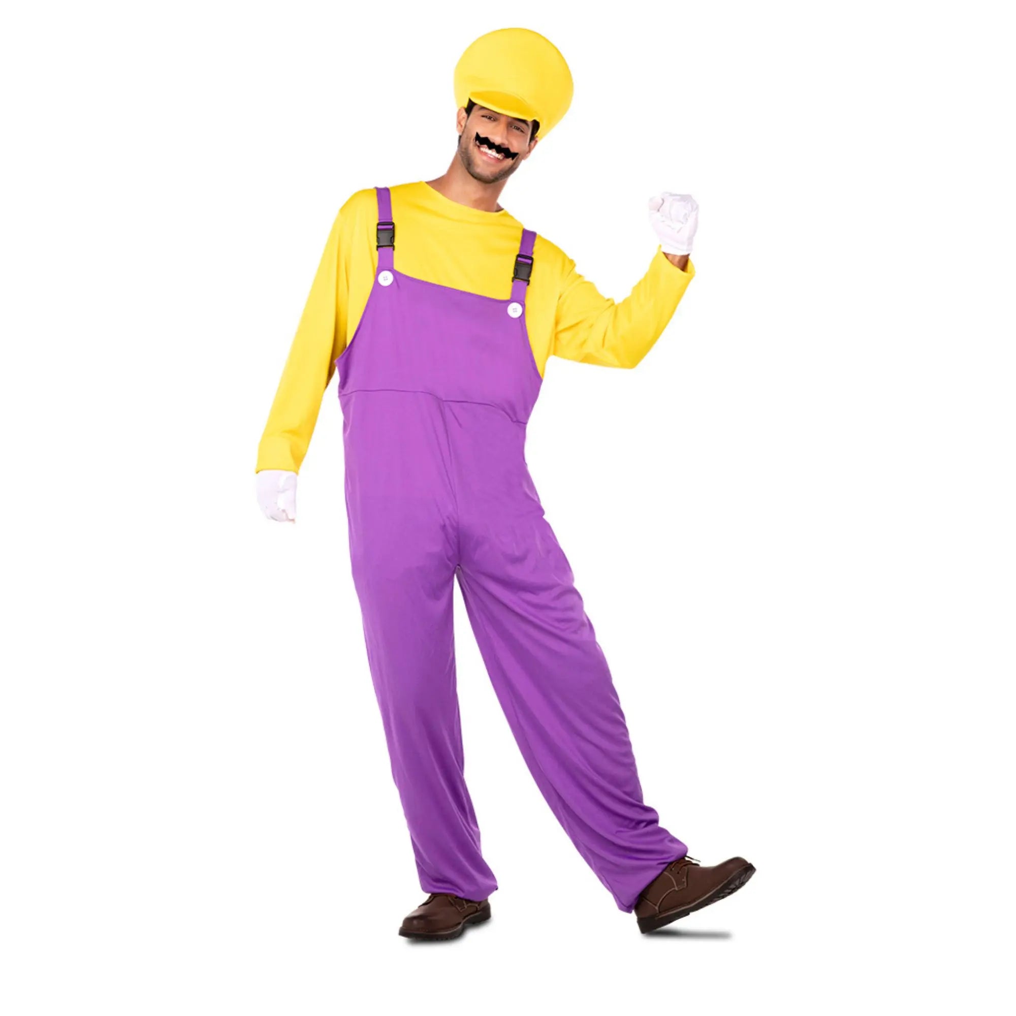 Disfraz fontanero amarillo adulto unisex con mono lila, camisa y gorra amarillos ideal para Carnaval
