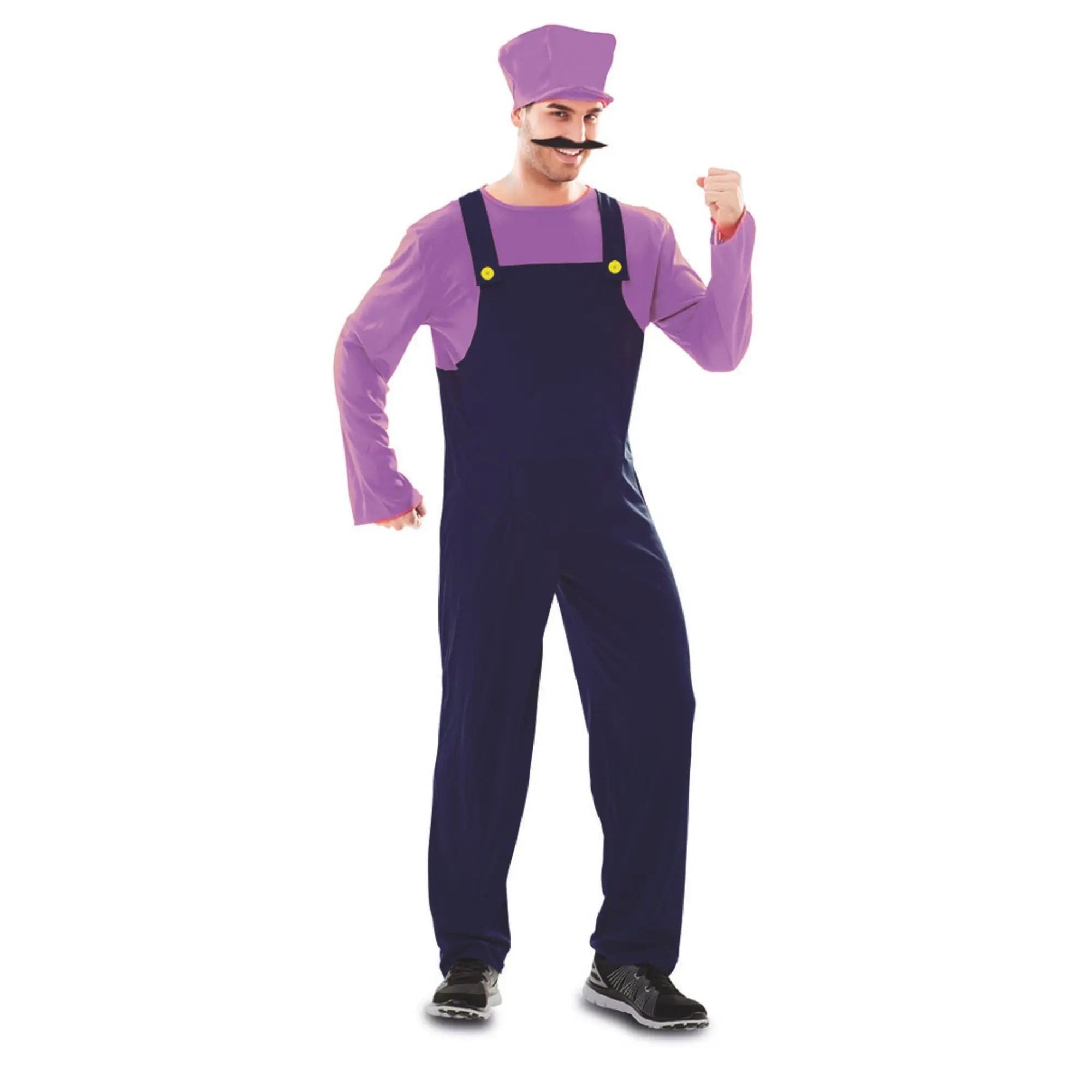 Disfraz de fontanero lila para hombre con mono azul, camiseta y gorra lilas ideal para Carnaval