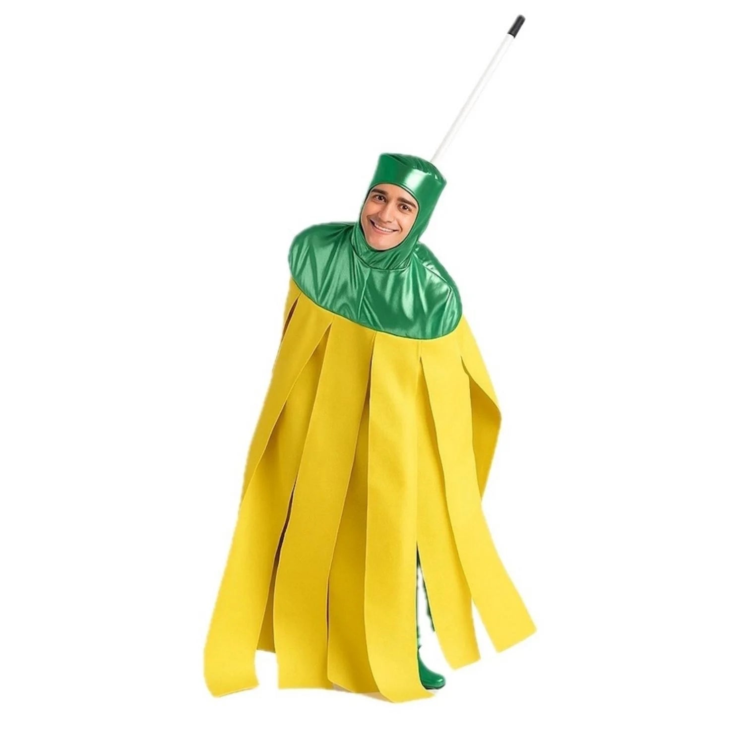 Hombre con disfraz de fregona amarilla y verde para Carnaval