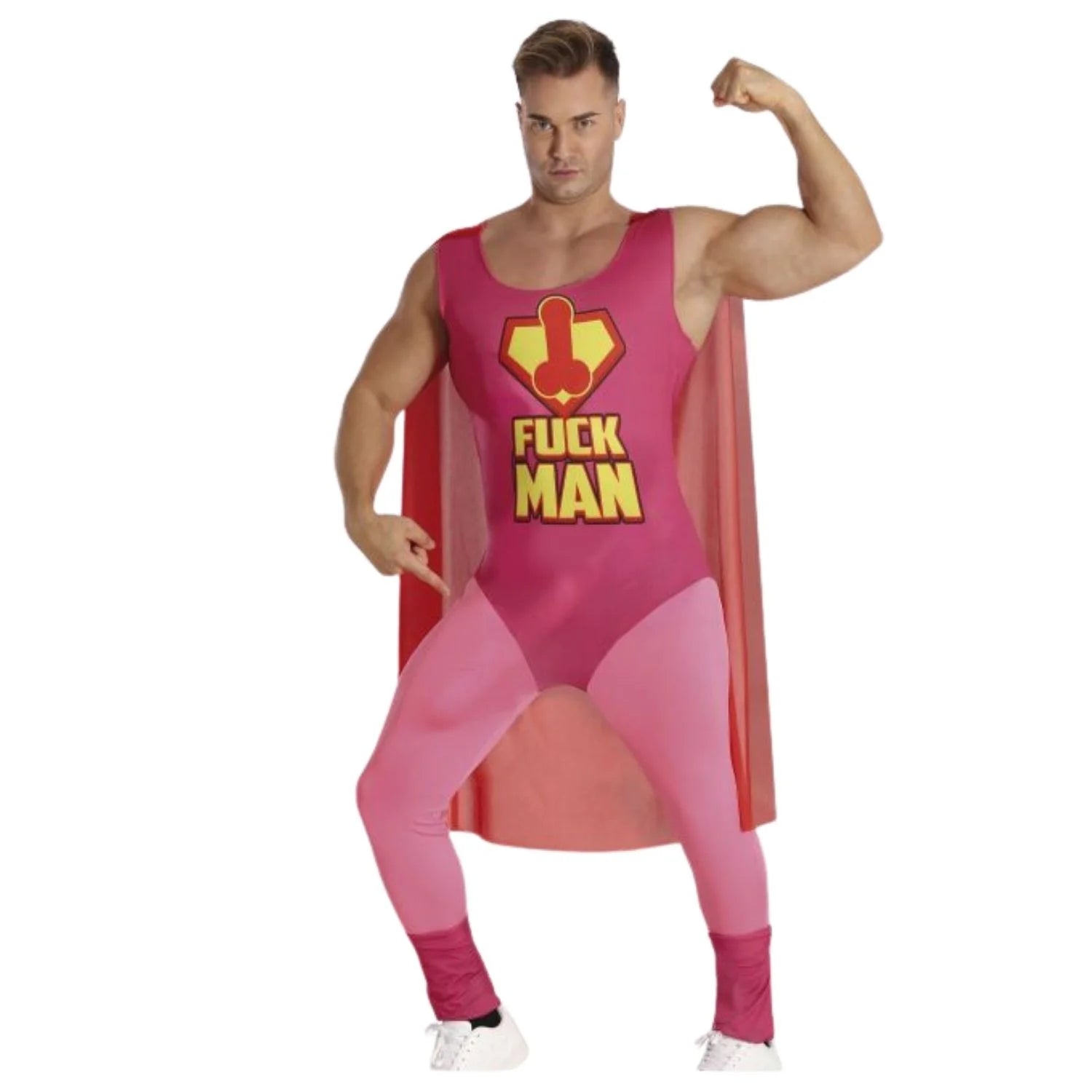 Disfraz Fuckman Hero adulto con capa y mono para Carnaval
