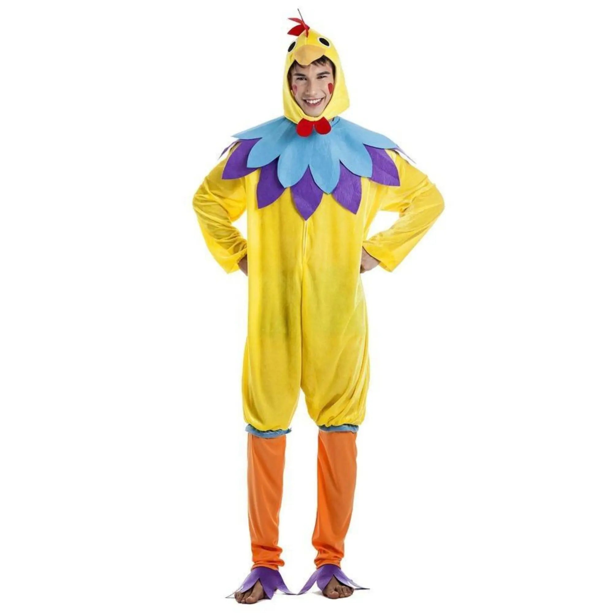 Disfraz de gallo para hombre con mono, cuello y cabeza colorido y divertido