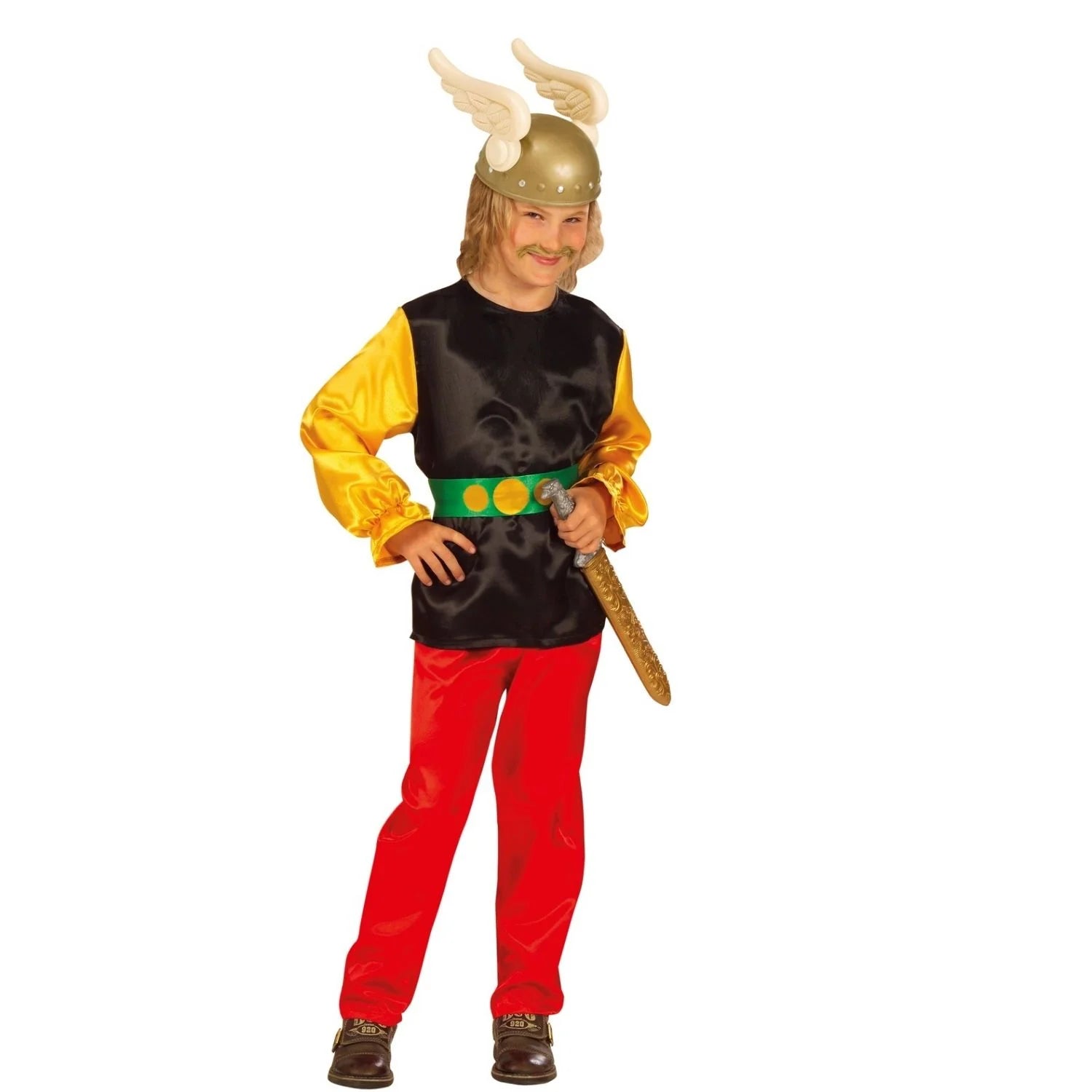 Niño con disfraz de Galo Astérix infantil compuesto por cuerpo y pantalón de raso con cinturón