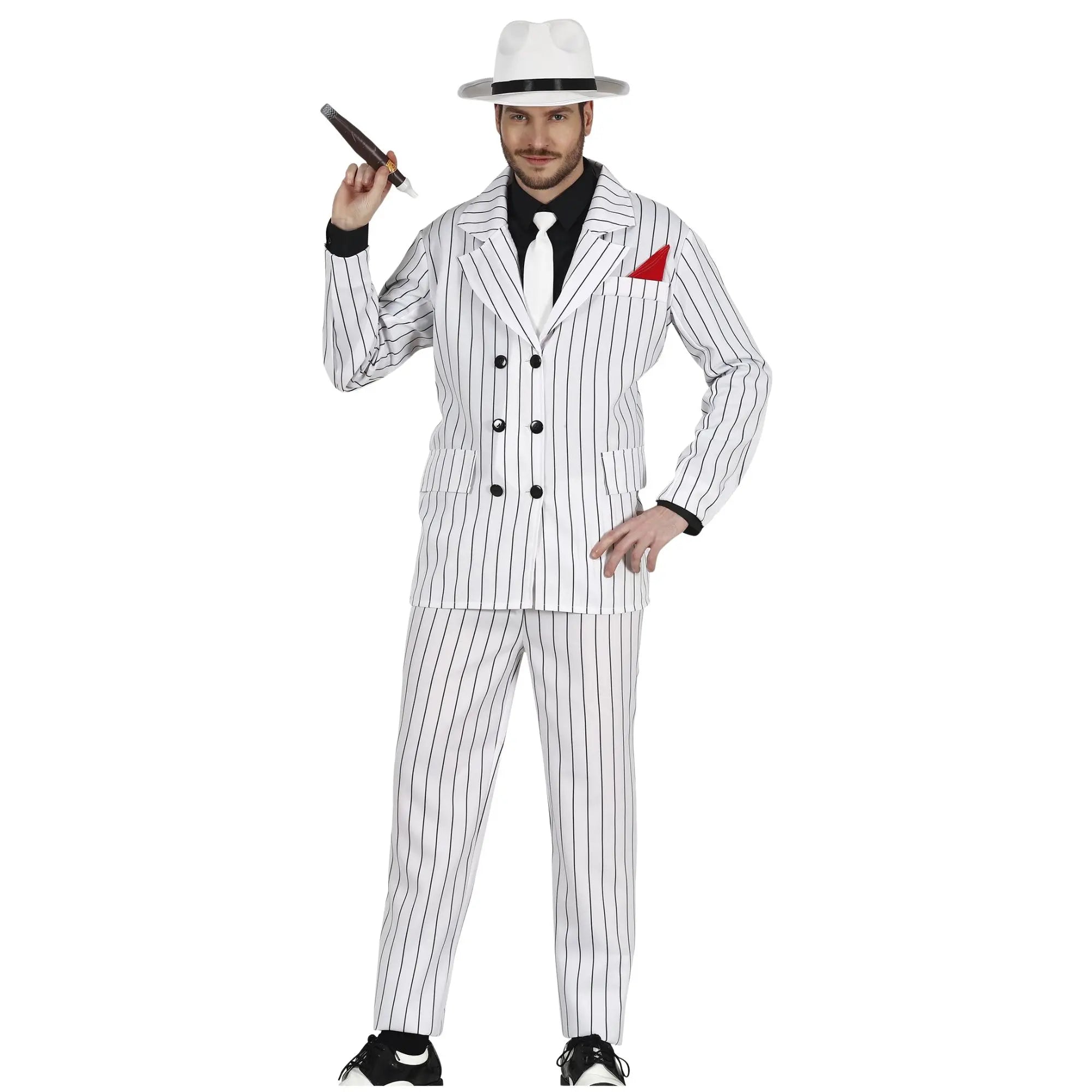 Disfraz de gángster blanco hombre con chaqueta y pantalón de raya diplomática negra