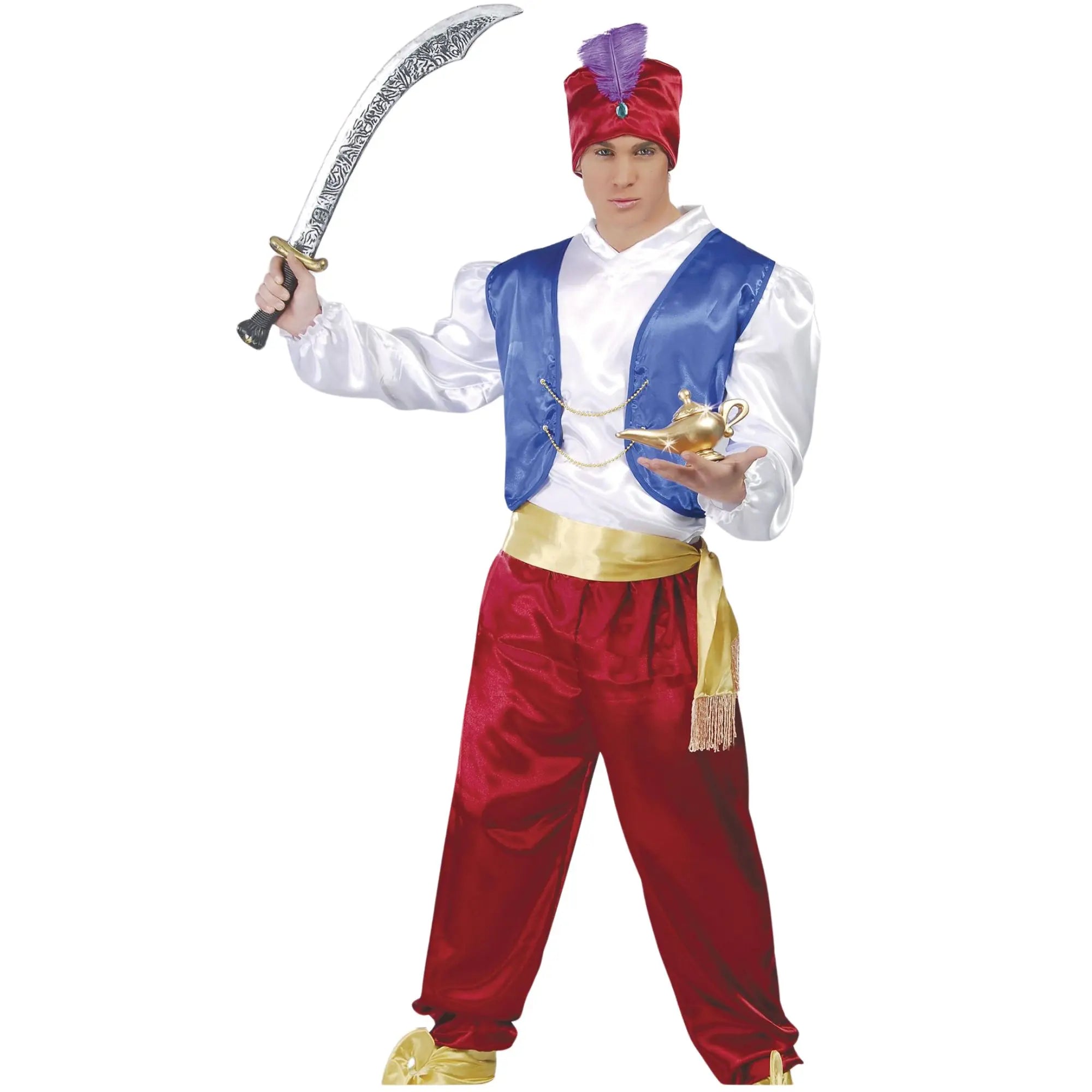Disfraz de Aladino para adulto con chaleco, pantalón, faja y gorro estilo oriental para Carnaval
