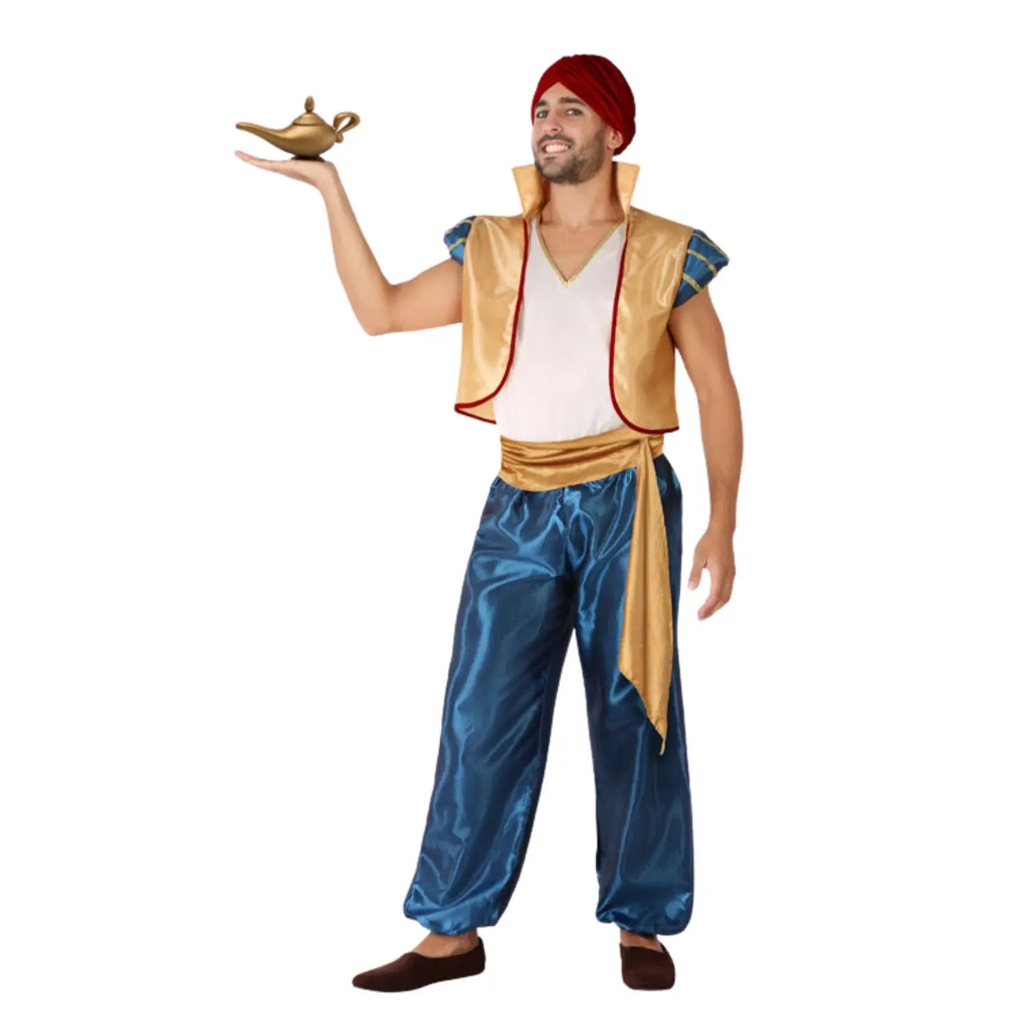 Disfraz de Genio Árabe Dorado para adulto con gorro, chaqueta dorada y pantalón bombacho azul