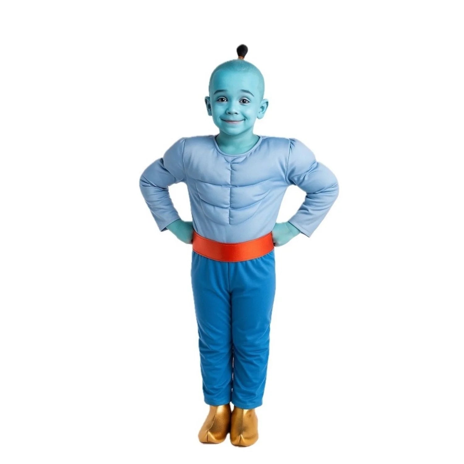 Disfraz de Genio Azul infantil con pantalón azul y babuchas doradas