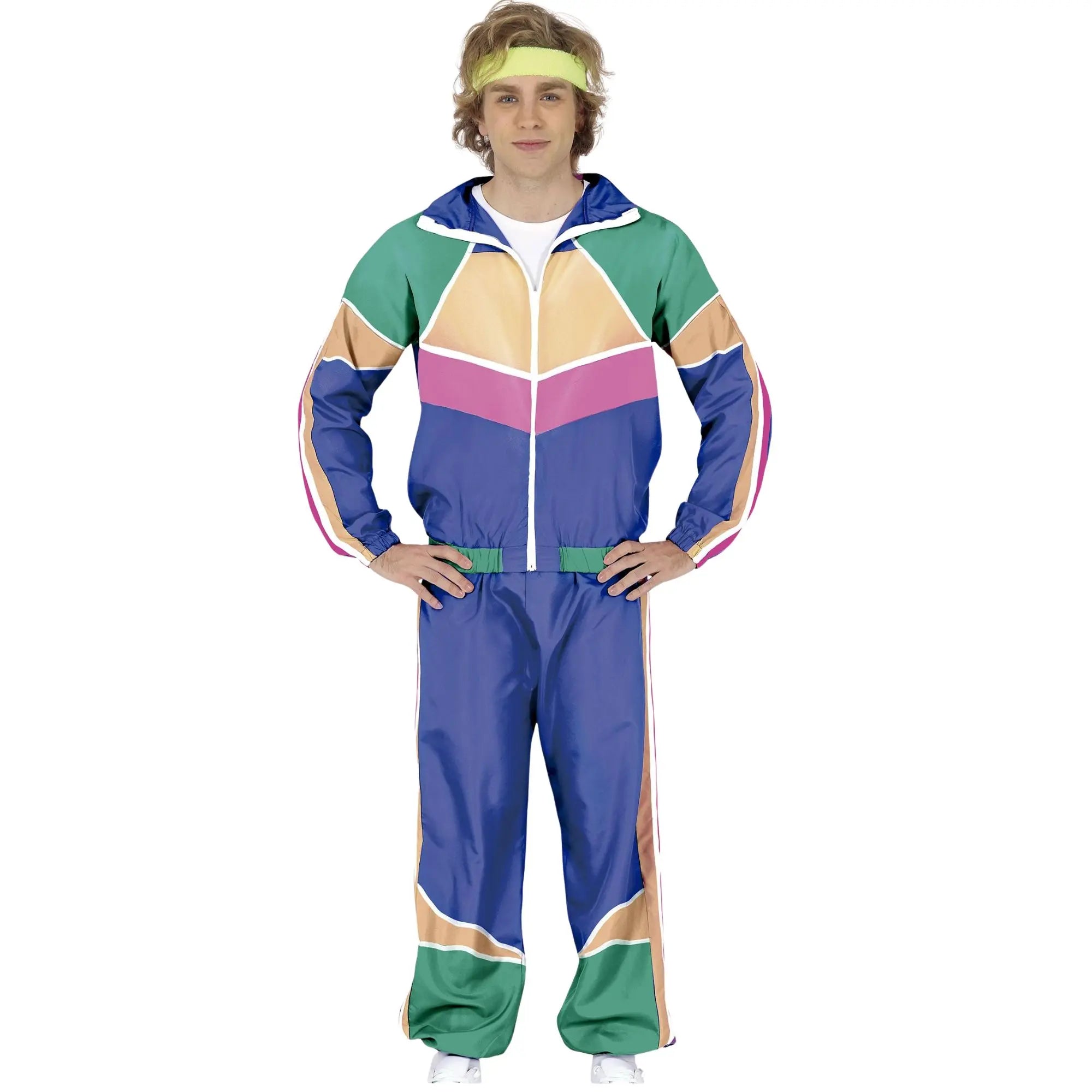 Disfraz de gimnasta azul retro para hombre con chaqueta y pantalón estilo deportivo de décadas