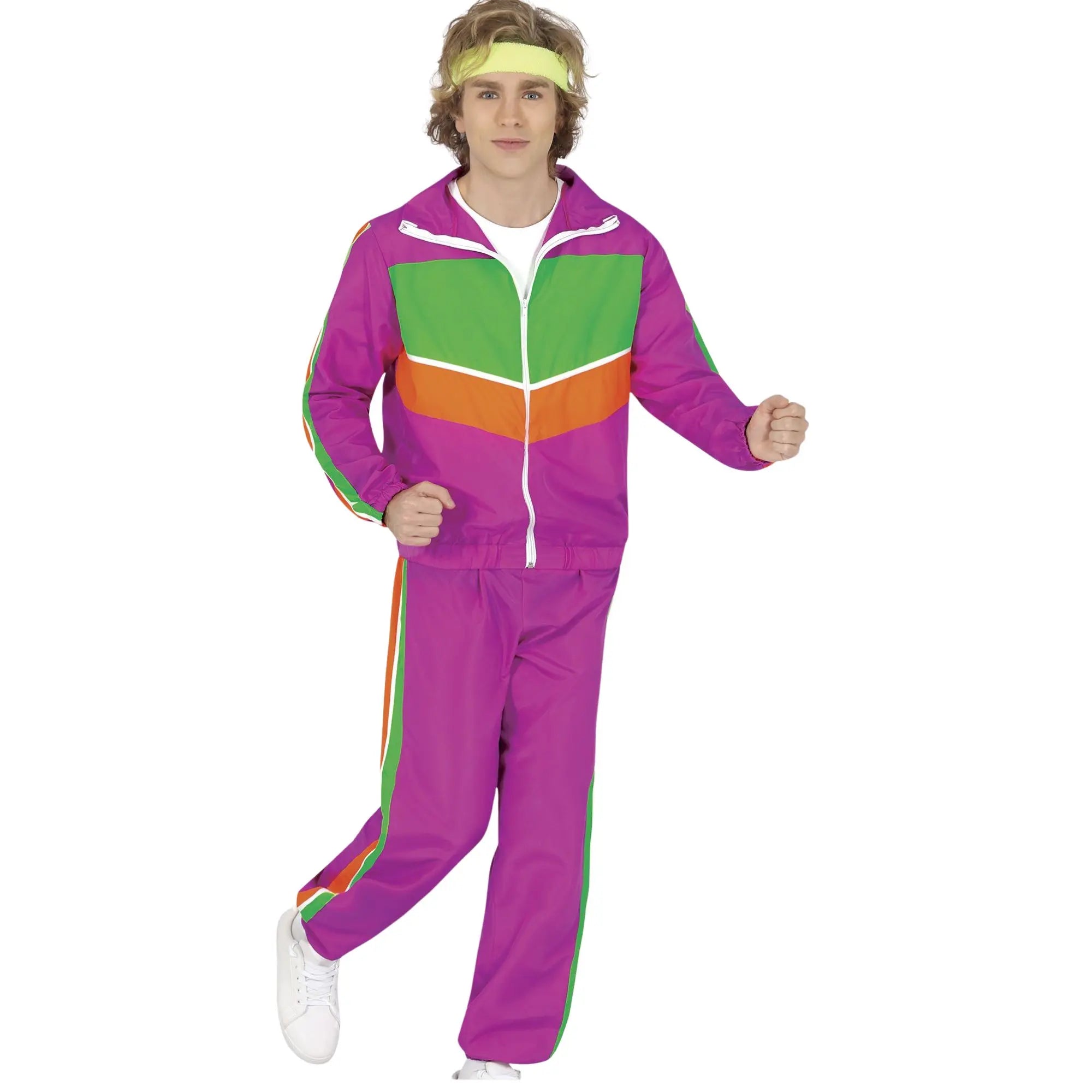 Disfraz de gimnasta hombre fucsia con chándal retro de chaqueta y pantalón