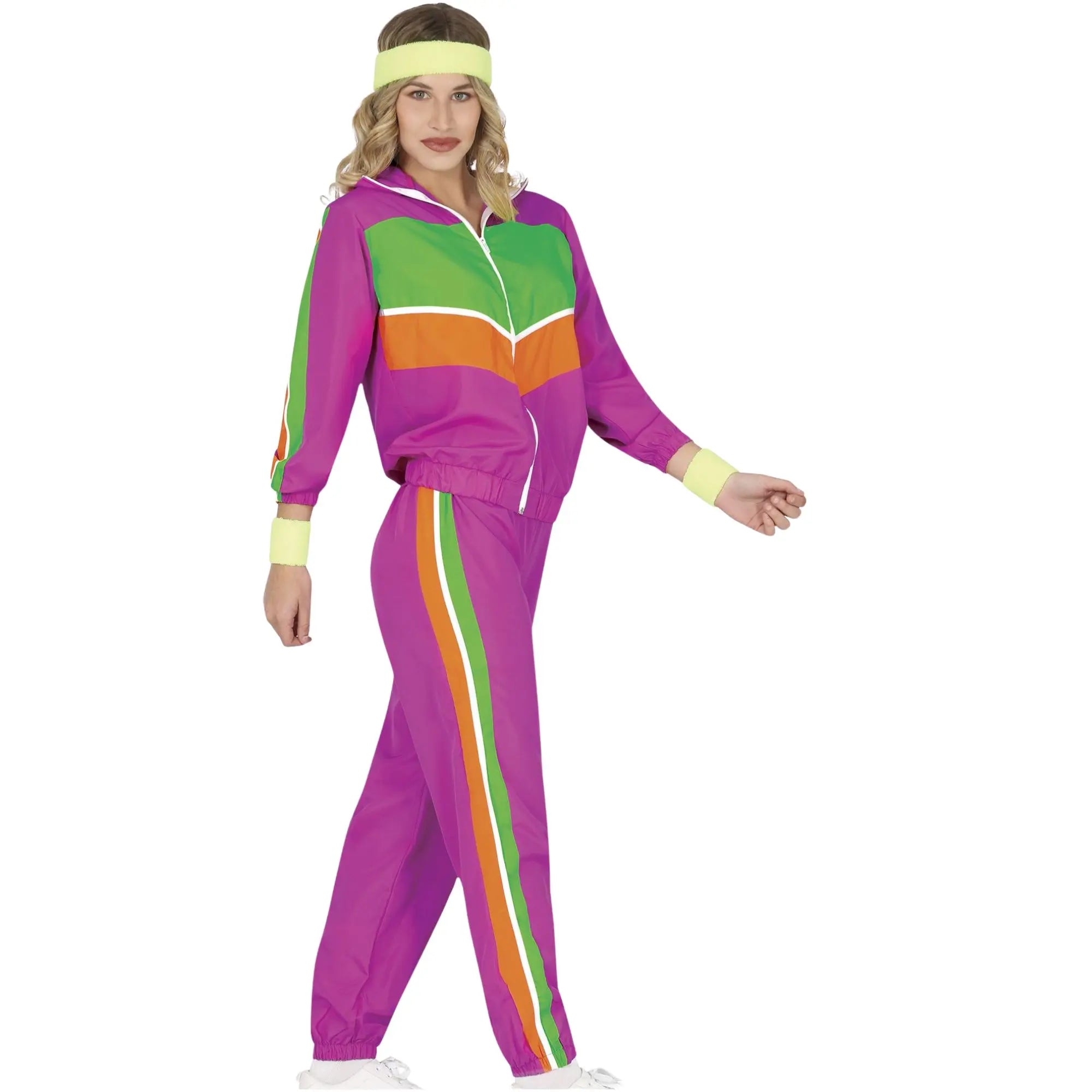 Disfraz de gimnasta mujer fucsia con chándal retro de chaqueta y pantalón