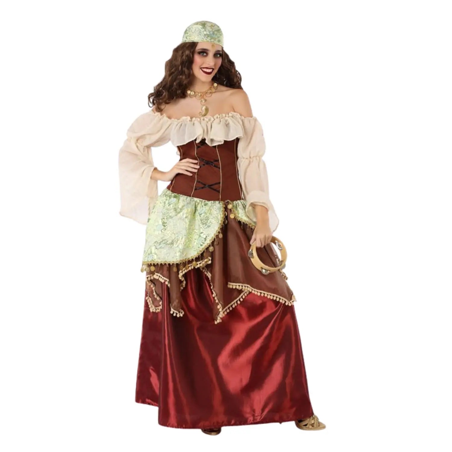 Disfraz de gitana zíngara para adulta con vestido largo en tonos burdeos, marrón y verde y pañuelo para la cabeza.