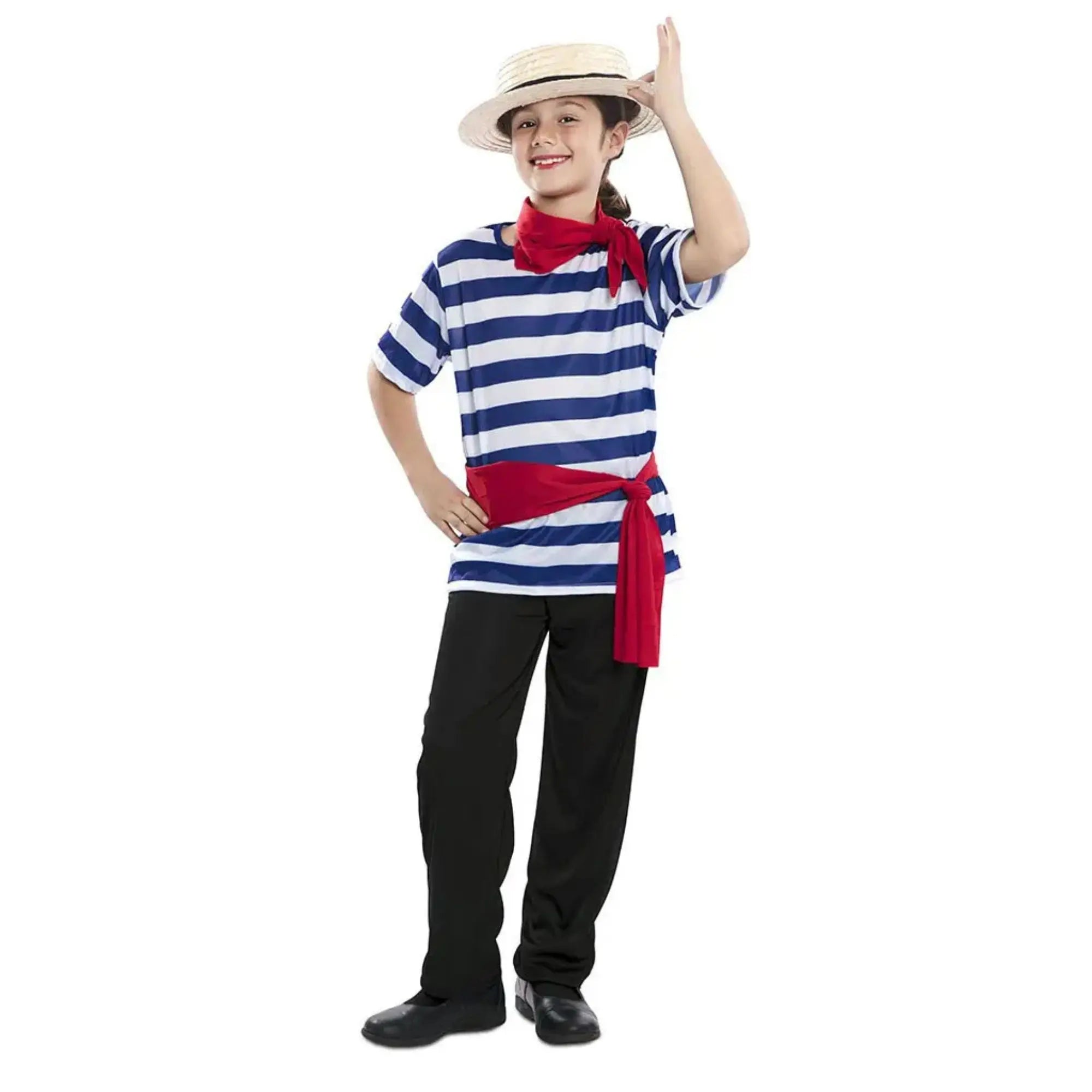 Disfraz infantil de gondolero con camiseta de rayas, pantalón y accesorios para Carnaval