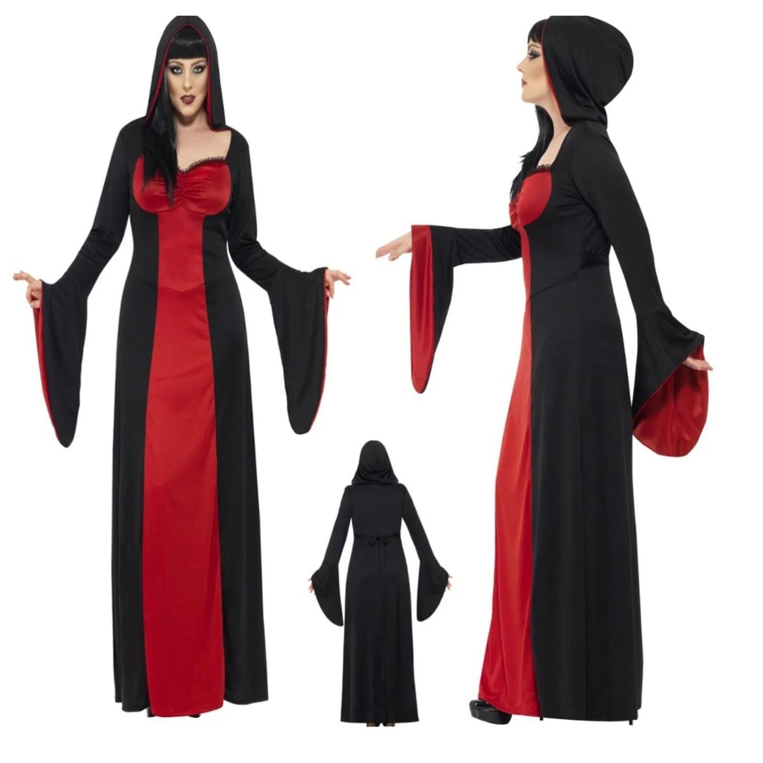 Disfraz Gótica Elegante para mujer con vestido largo rojo y negro con capucha