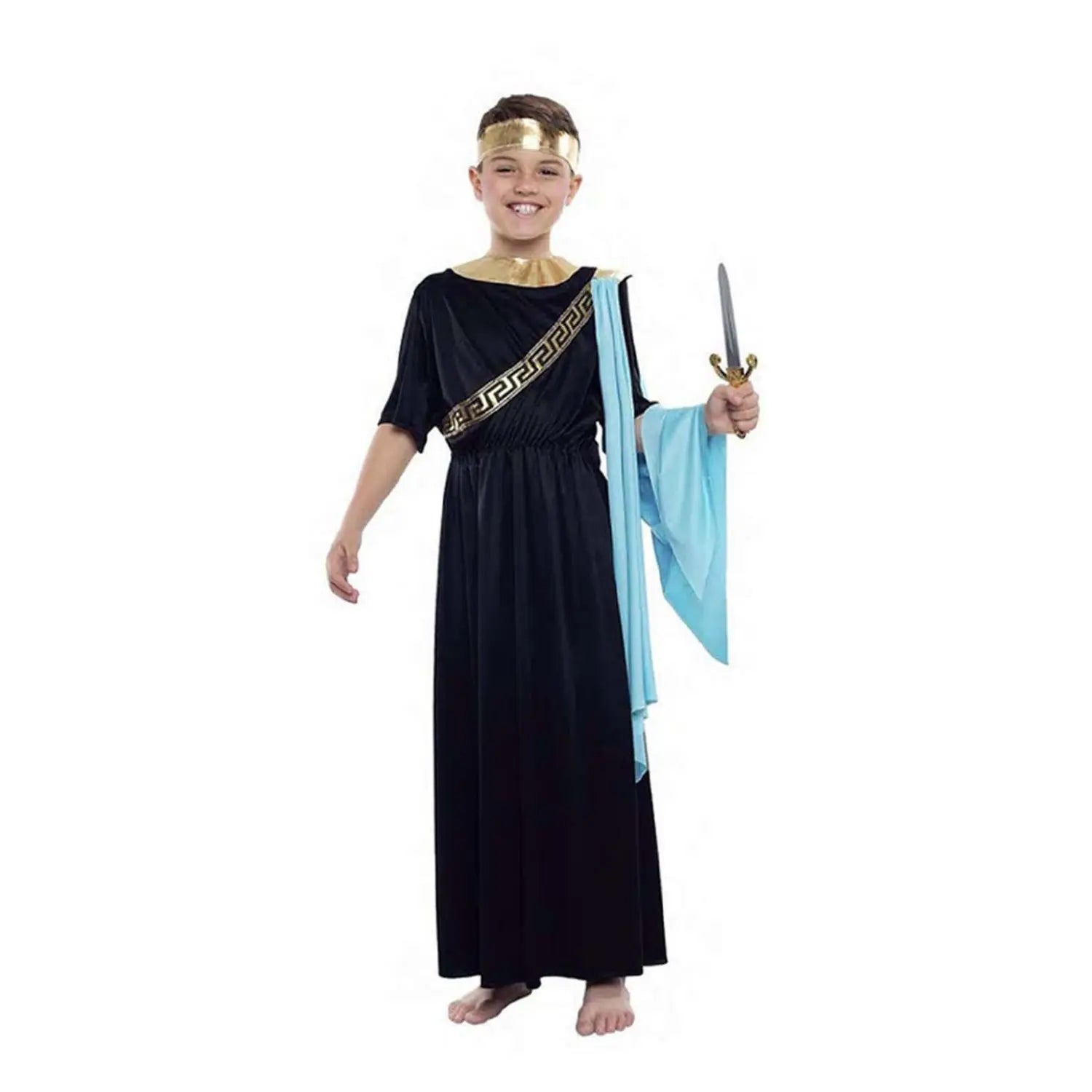 Disfraz de sacerdote griego para niño con túnica blanca y accesorios clásicos