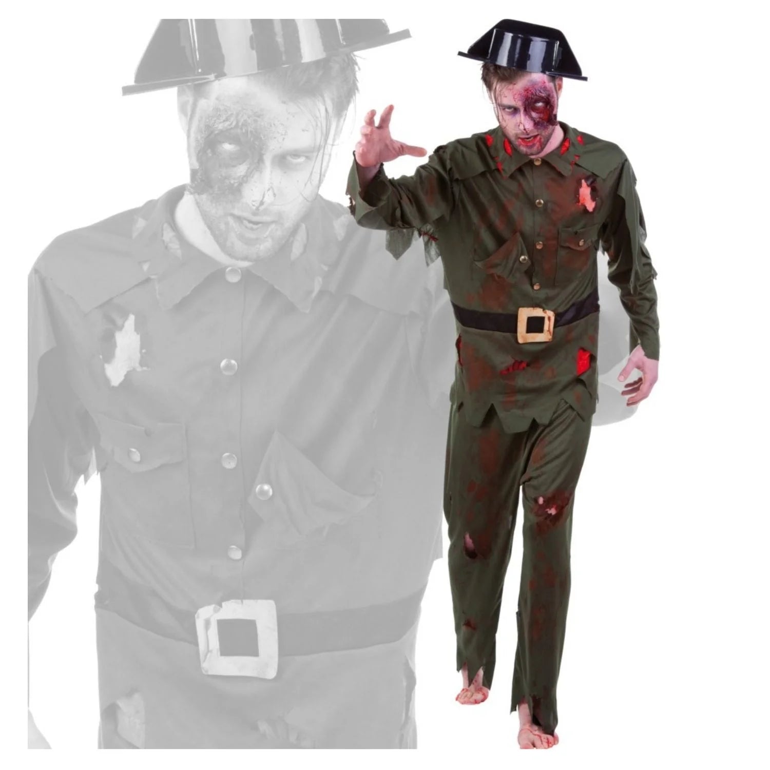 Disfraz Guardia Civil Zombie adulto para Halloween con camisa y pantalón ensangrentados