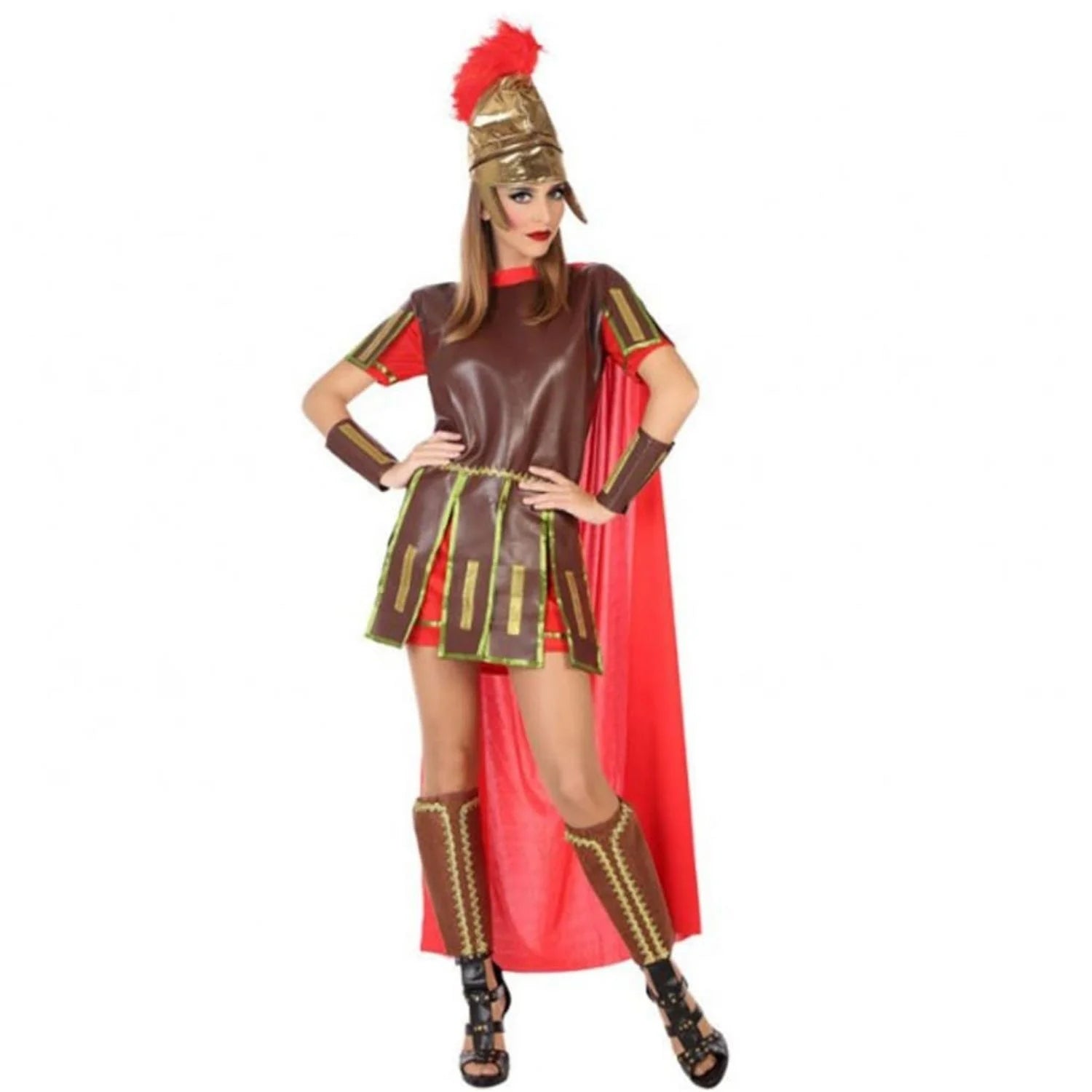 Disfraz de Guerrera Romana Roja mujer con túnica capa brazaletes y casco