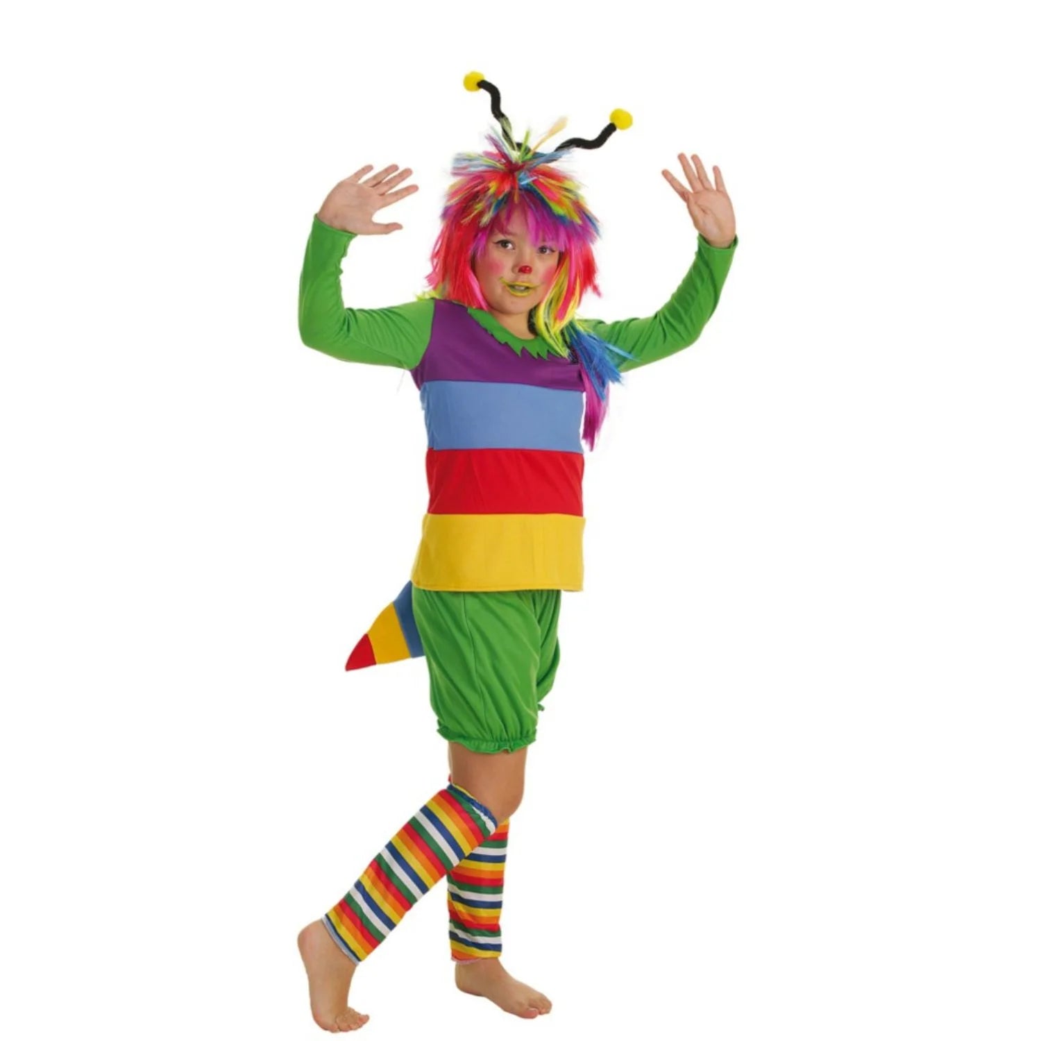 Disfraz gusanita infantil multicolor con peluca y antenas para Carnaval
