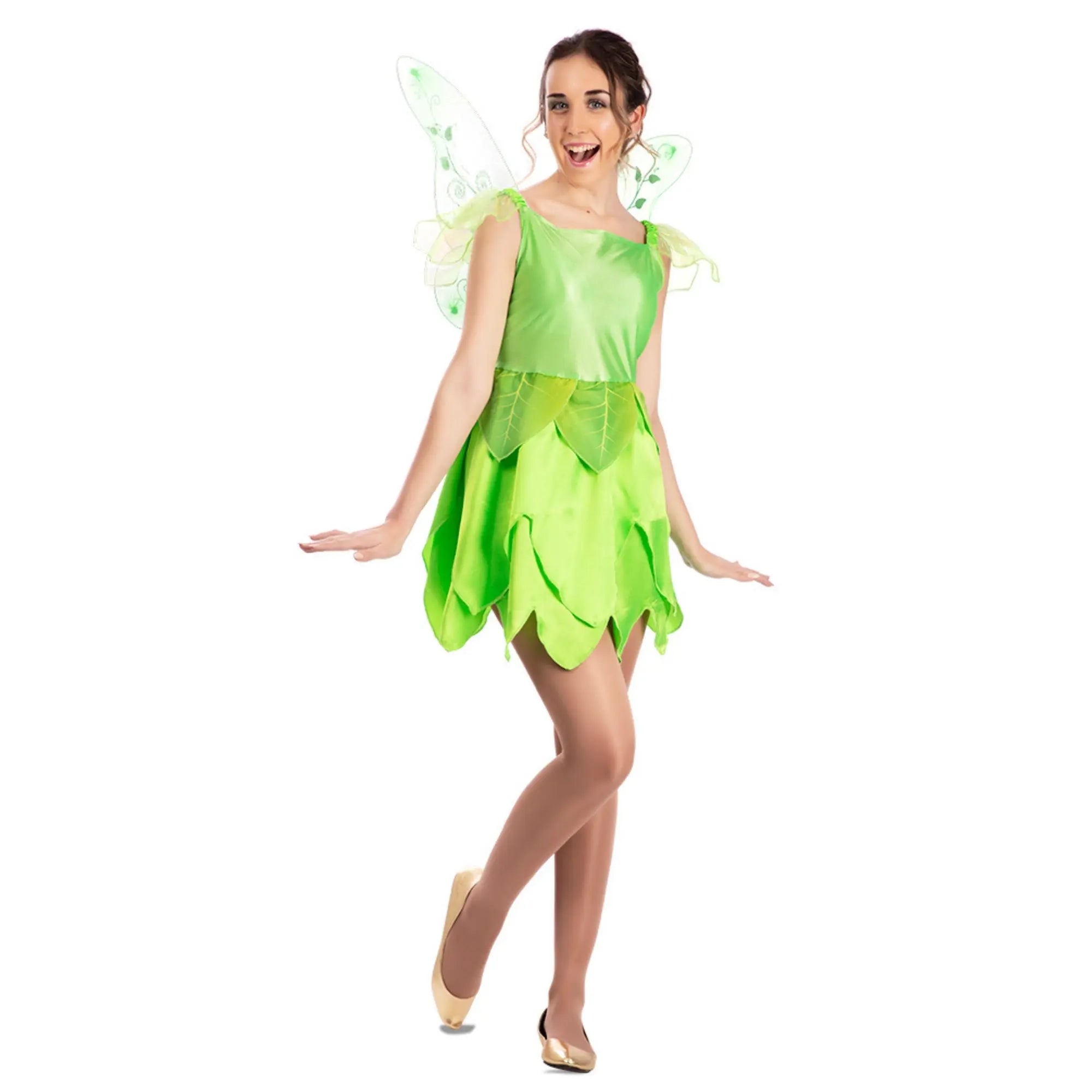 Disfraz de hada verde para mujer con vestido y alas estilo Campanilla para Carnaval
