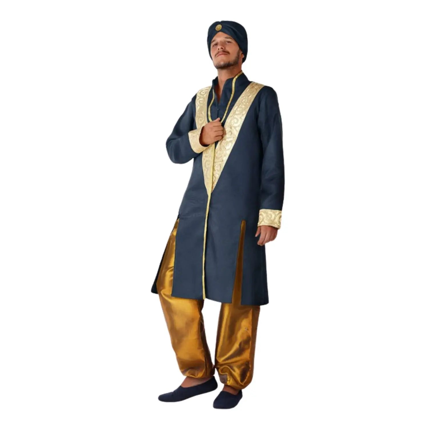 Elegante disfraz hindú para hombre con chaqueta de estilo tradicional, pantalón bombacho y turbante a juego, perfecto para fiestas temáticas y Carnaval.