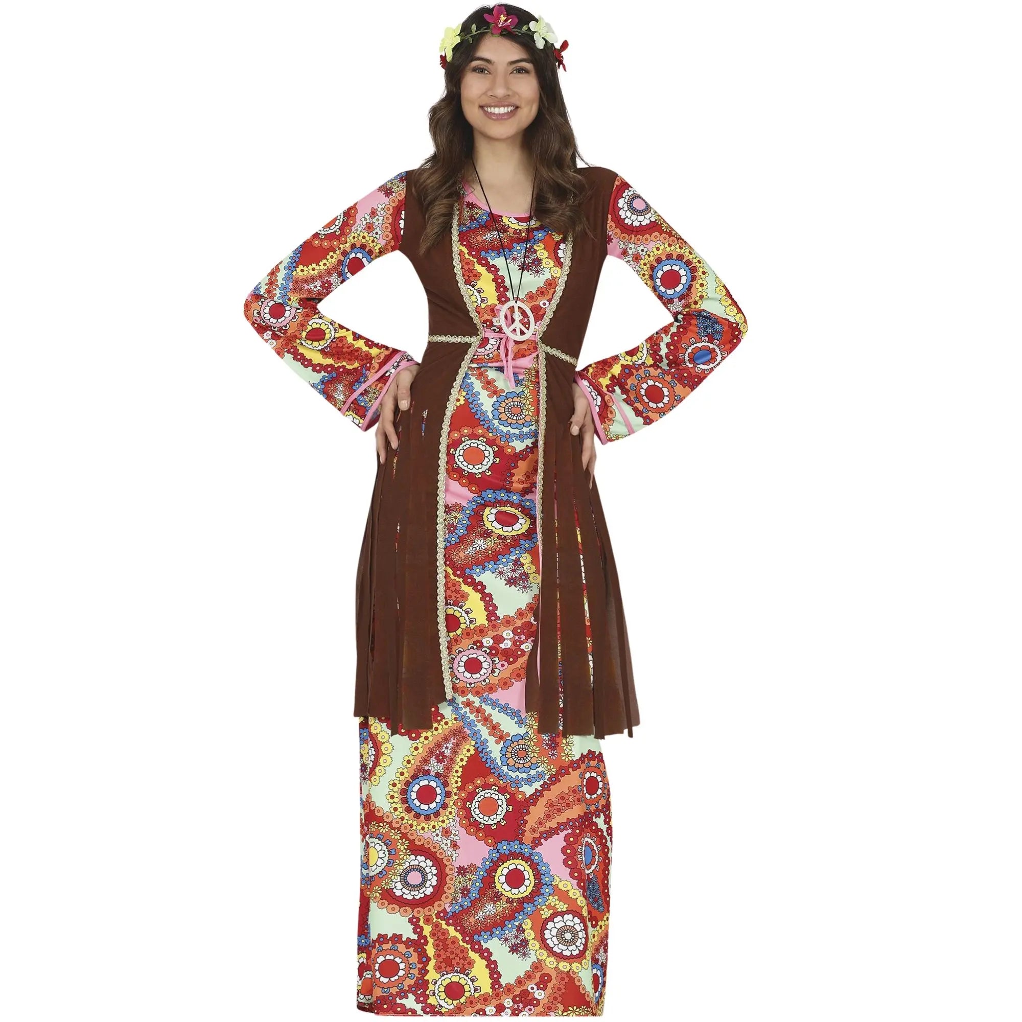 Disfraz de mujer hippie con vestido largo y chaleco estilo años 60 para Carnaval