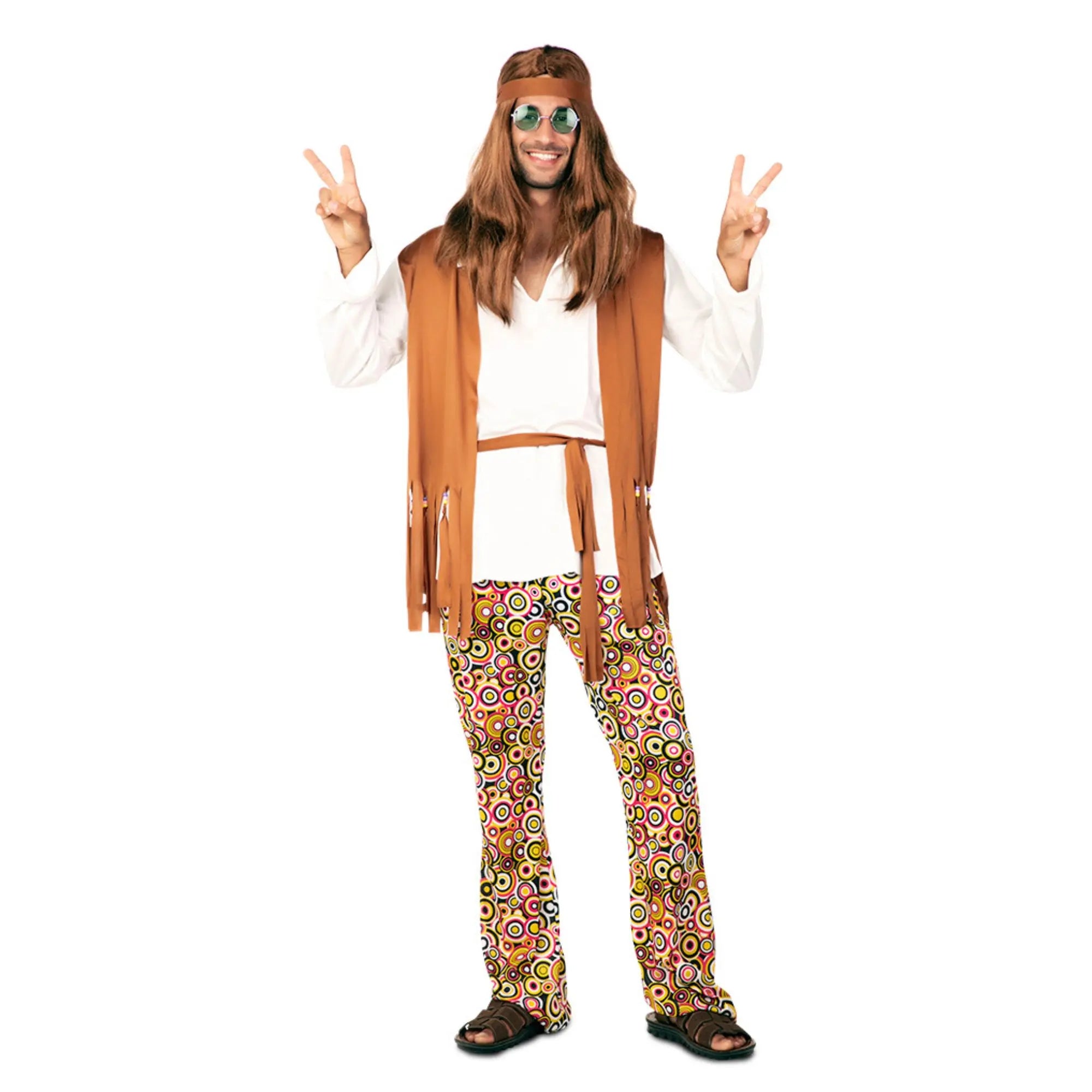 Disfraz hippie para hombre con blusa, pantalón y vincha estilo años 60