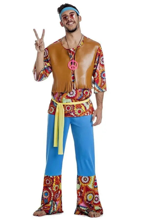Disfraz de hippie para hombre con camisa, pantalón y cinta en la cabeza estilo años 60