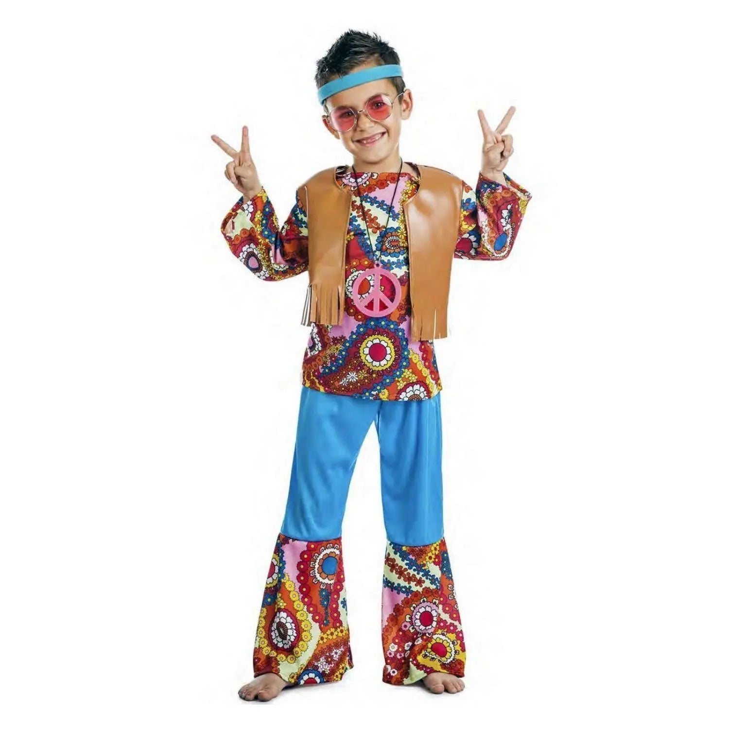 Disfraz de hippie para niño con camisa, chaleco, pantalones y cinta en la cabeza